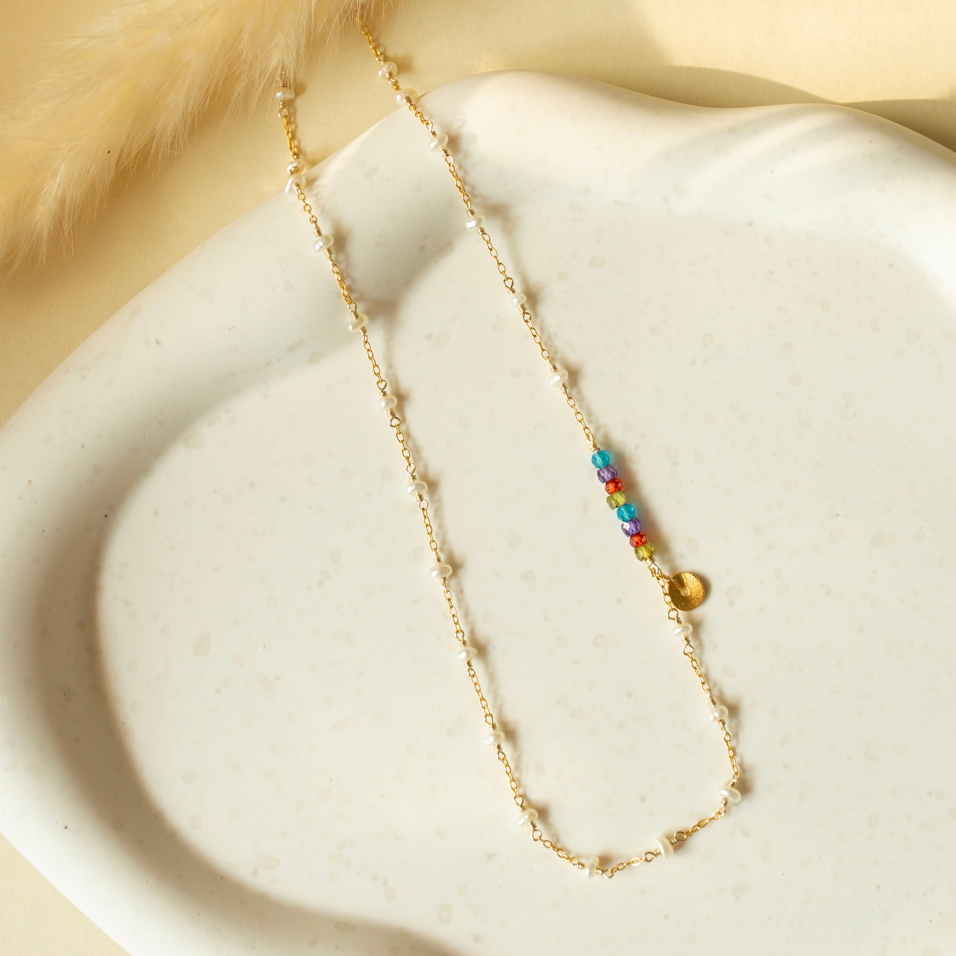 Gold Daquiri Chain featuring Pearl and multi-colored stones Necklace 