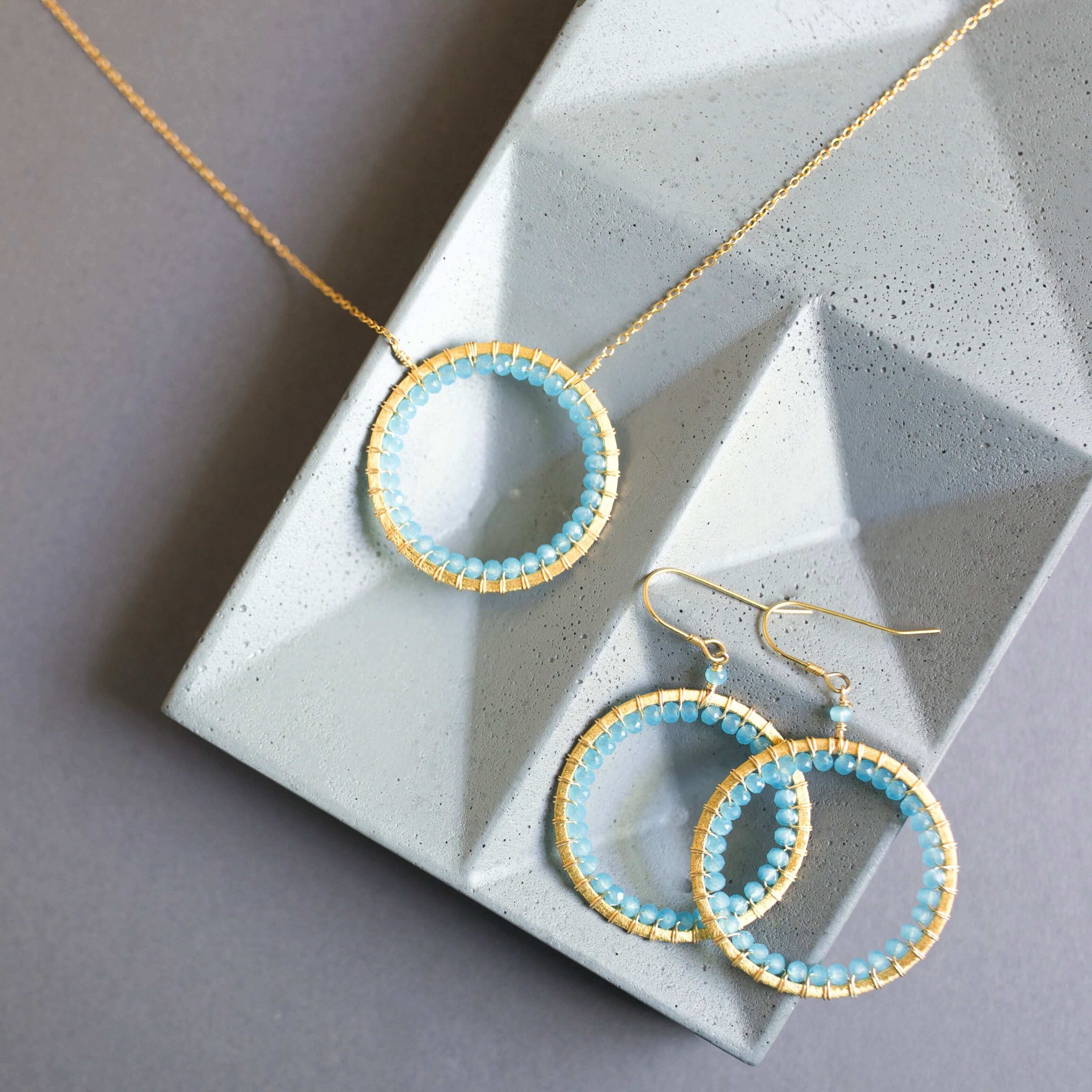 Blue Chalcedony Gold Circle Pendant Necklace and Earring Set