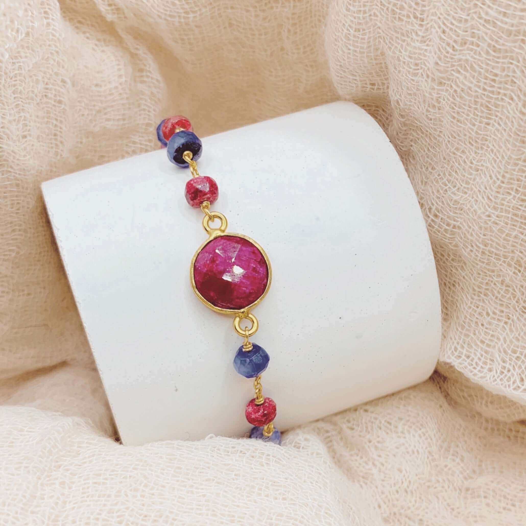  Sparkling bezel Ruby Sapphire Quartz Gem and tiny stone accents Adjustable Gold Bracelet 