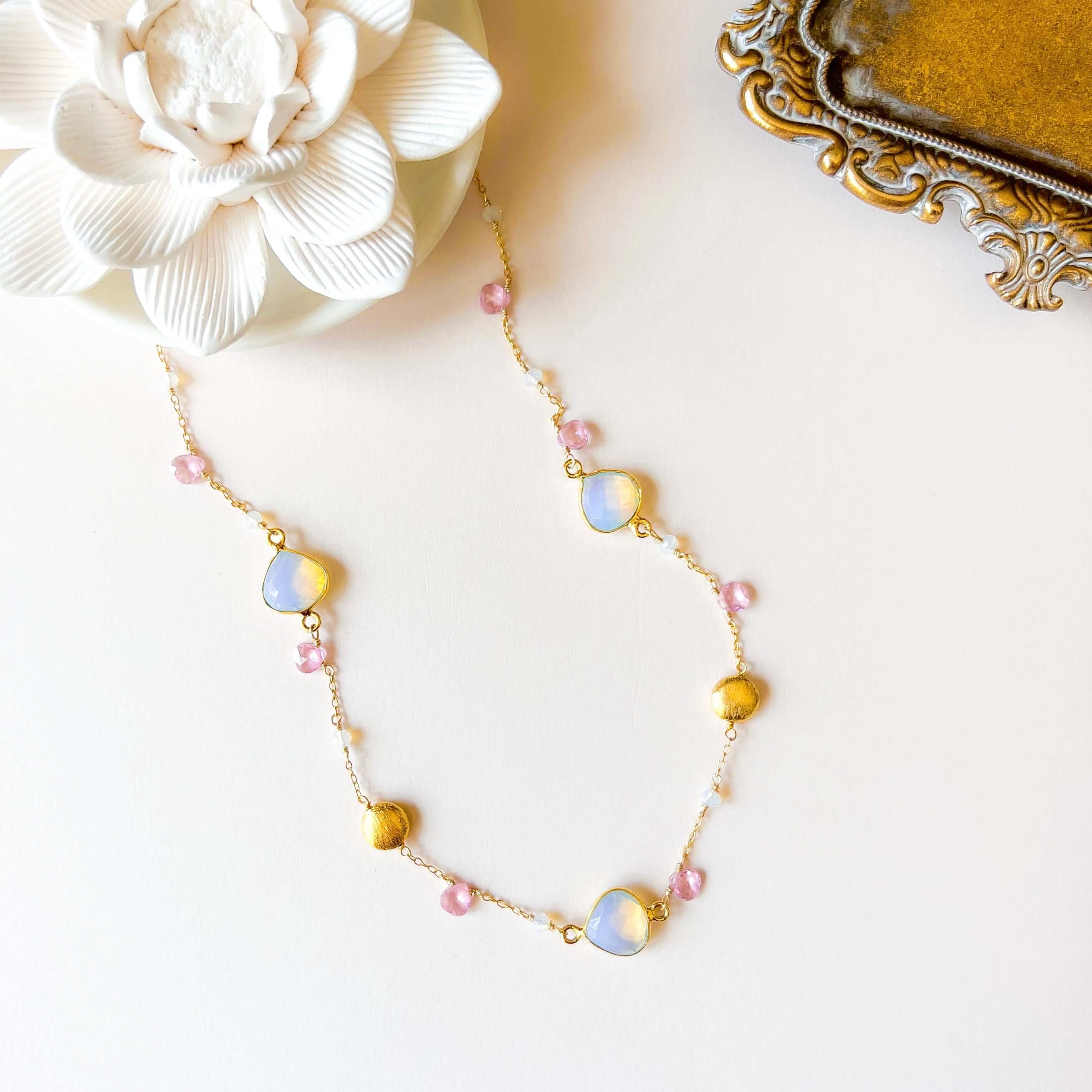 Opal Quartz Gold Bezel Chain, handcrafted with 14k gold plated fine Italian silver, opal quartz bezel gemstones, and pink tourmaline accent stones.