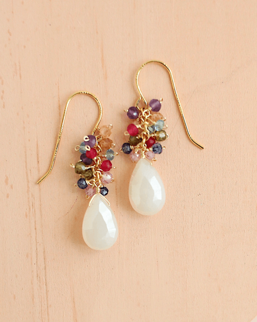 Earrings with White Chalcedony and a cluster of rainbow gemstones