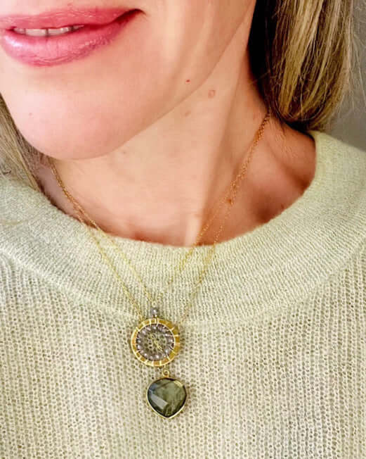 Labradorite Pendant and Mini Gold Circle Necklace Set