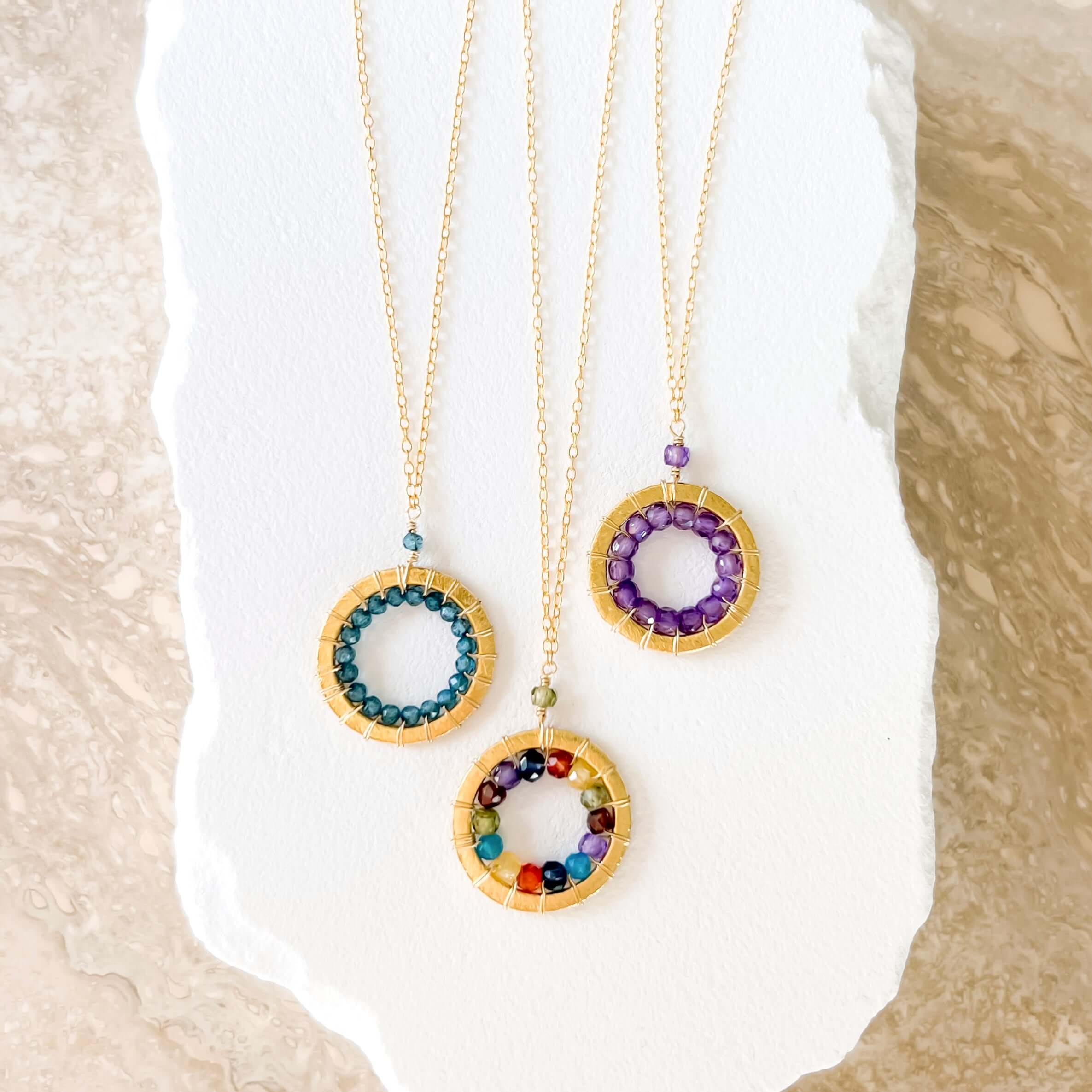 Gold Handmade Necklaces  with London Blue Quartz, a Rainbow of Gems, or Beautiful Purple Amethyst Stones