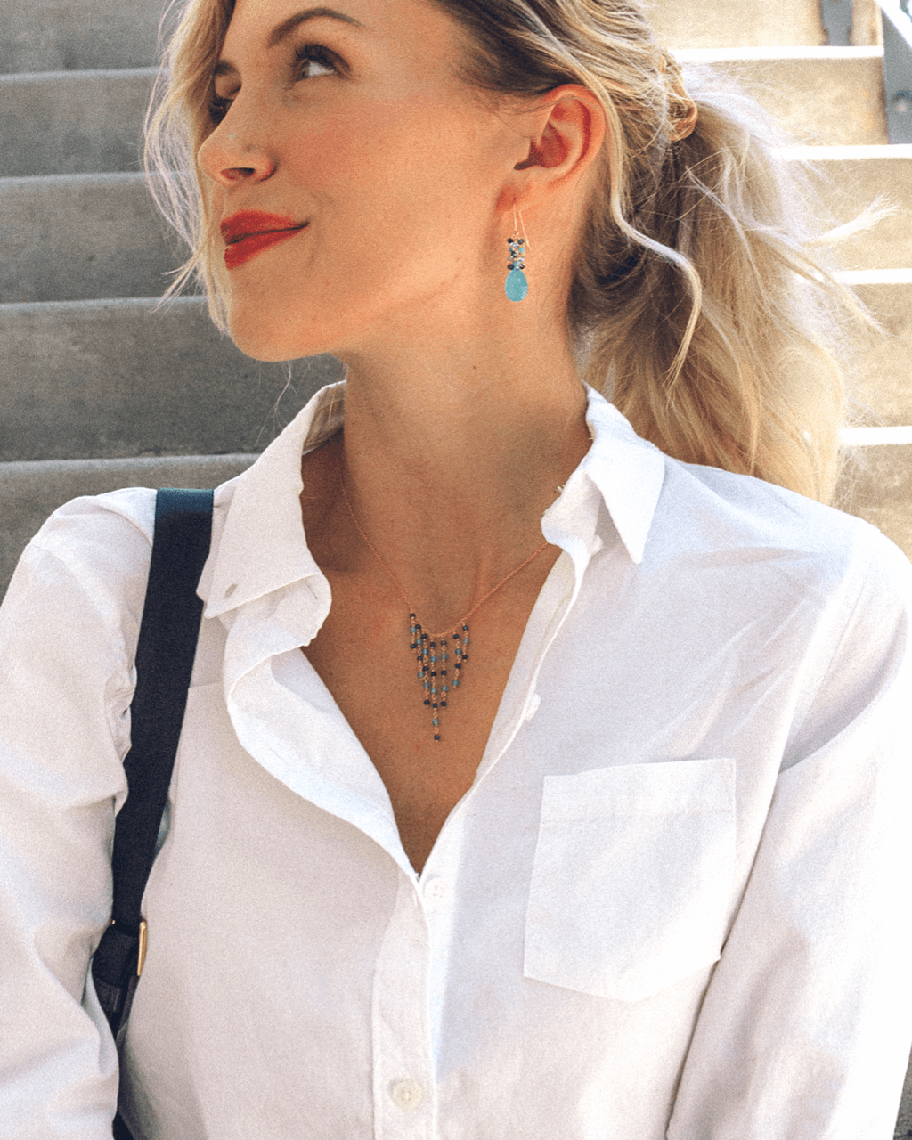 Blue Gemstone Gold Fringe Necklace and Earrings