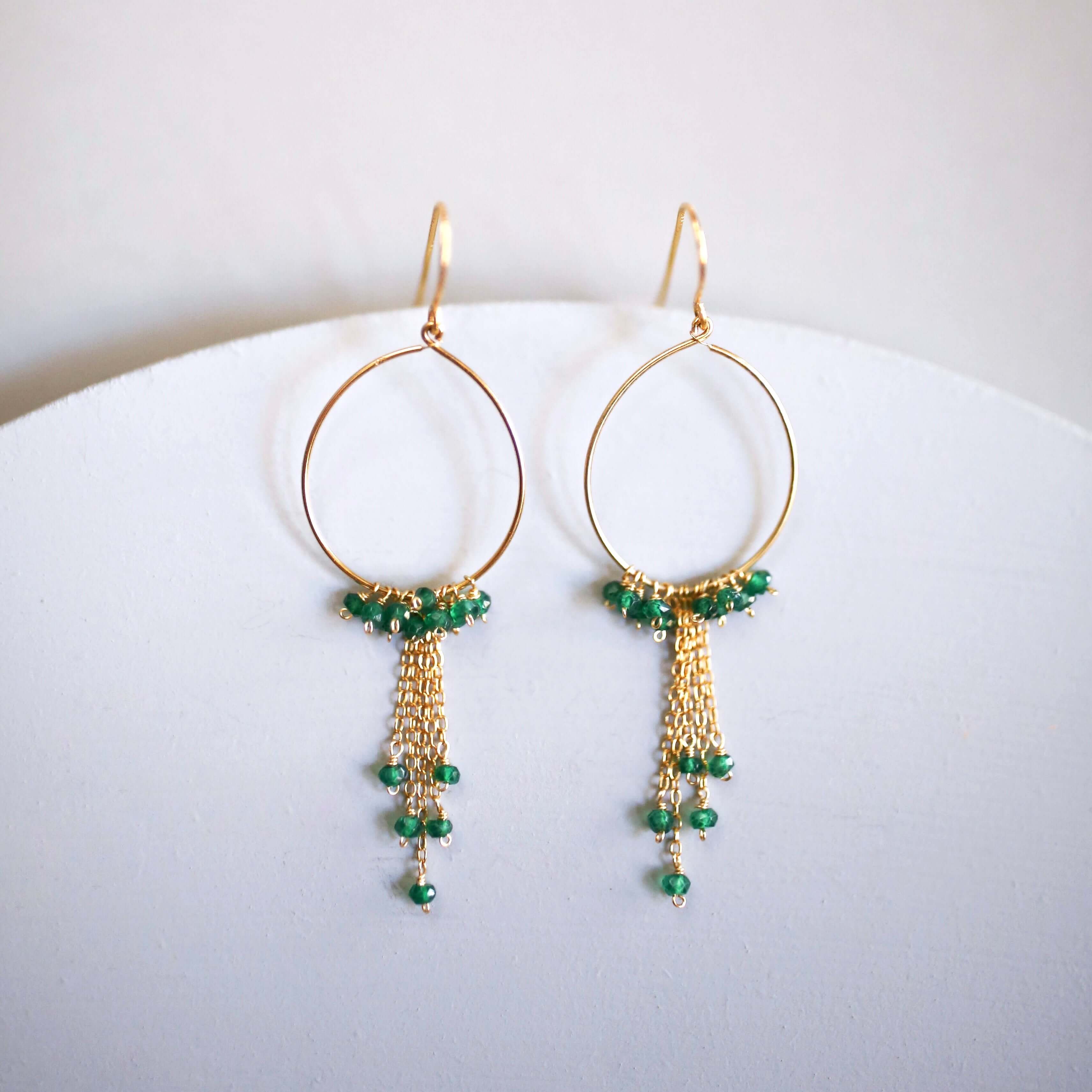 Handmade Green Apatite Swing Hoop Earrings with 14k Gold Plating