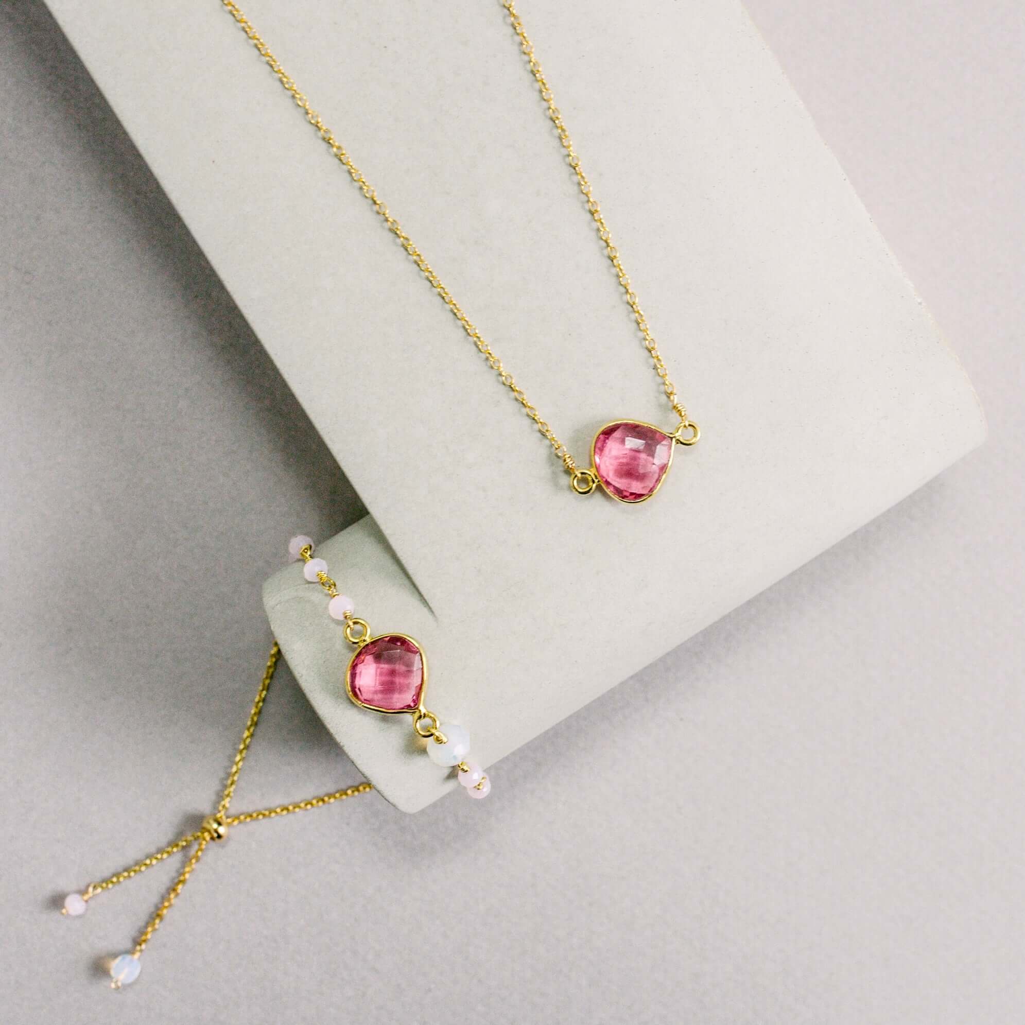  Handmade  Pink Tourmaline Quartz heart bezel stones Jewelry Set .
