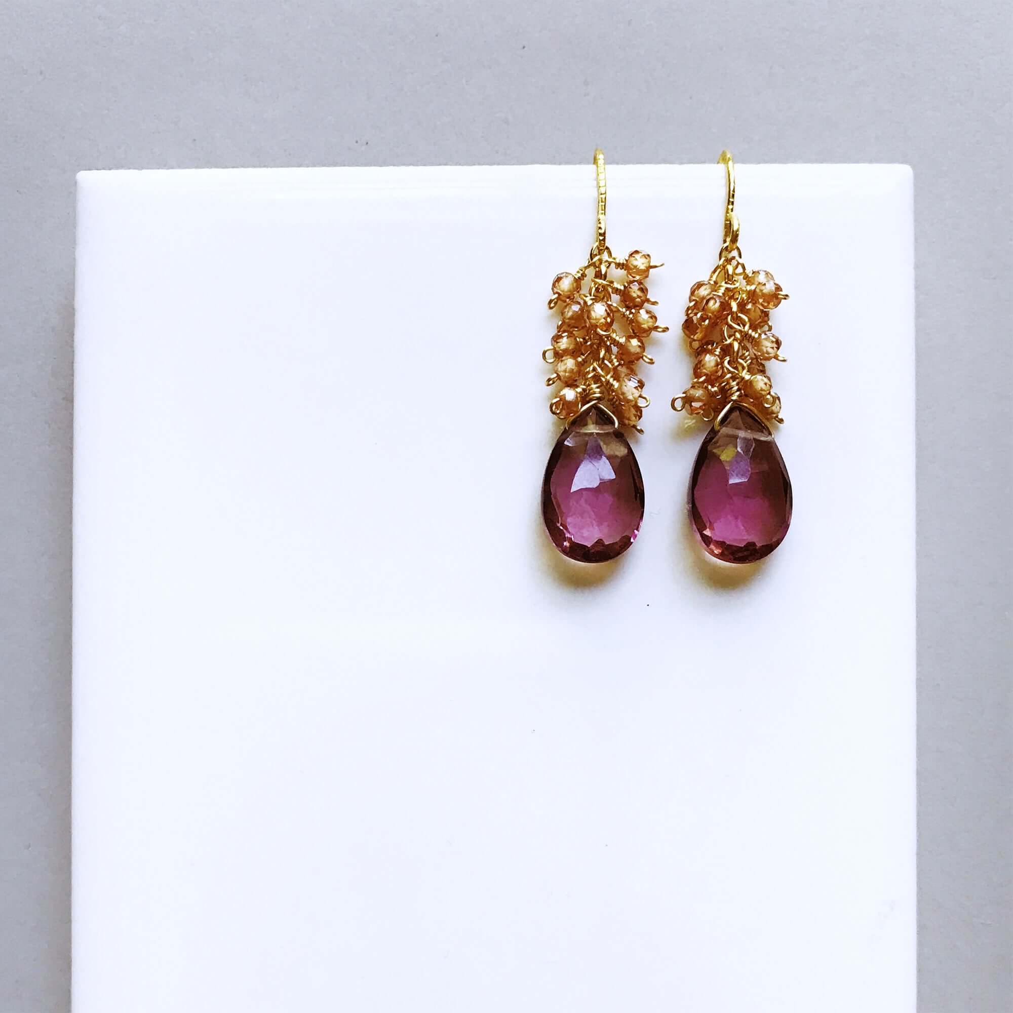  Long drop Gold  earrings with Rhodolite Garnet  bezel