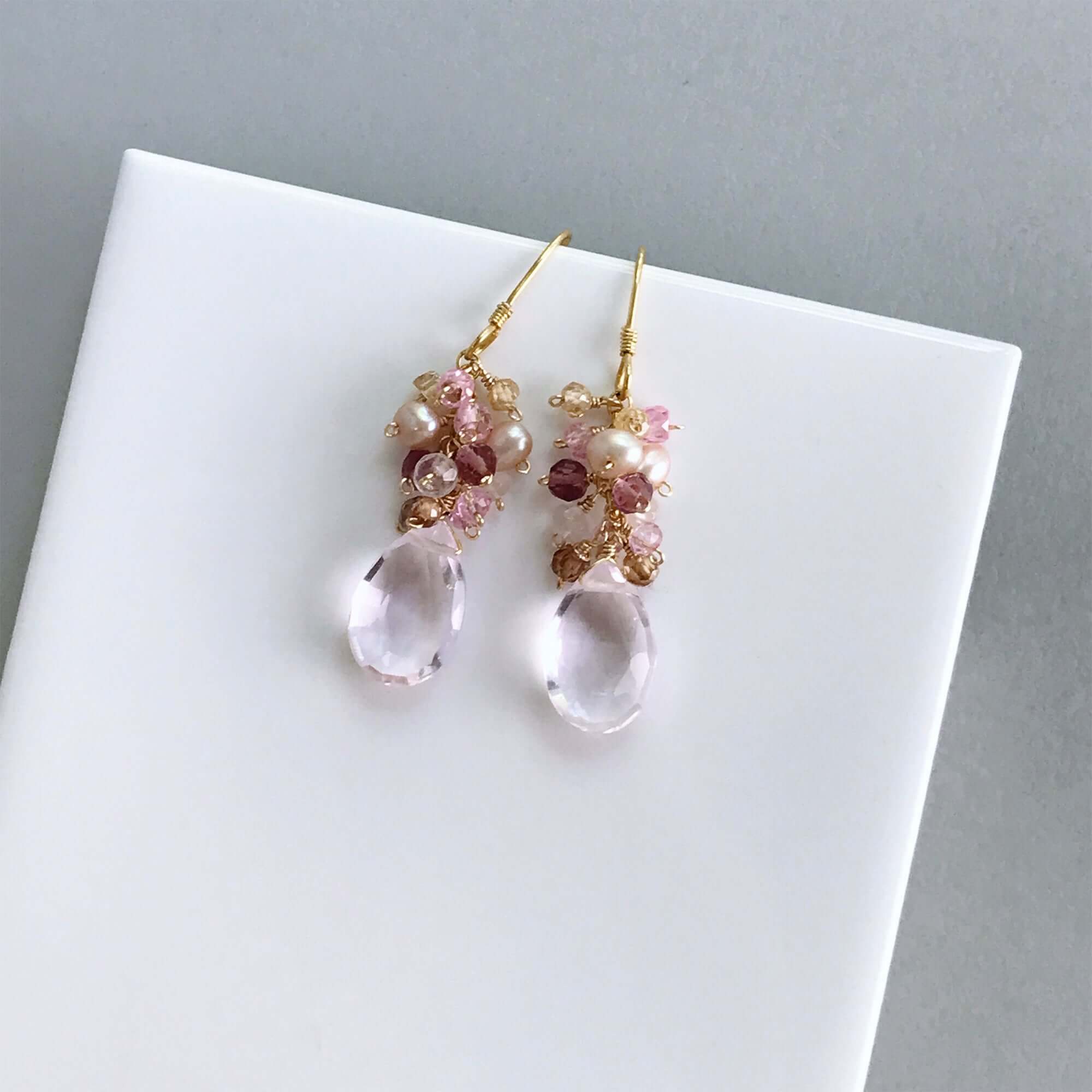 Rose Pink Clear Quartz Gemstone with mini stones  Accents   Gold Drop Earrings
