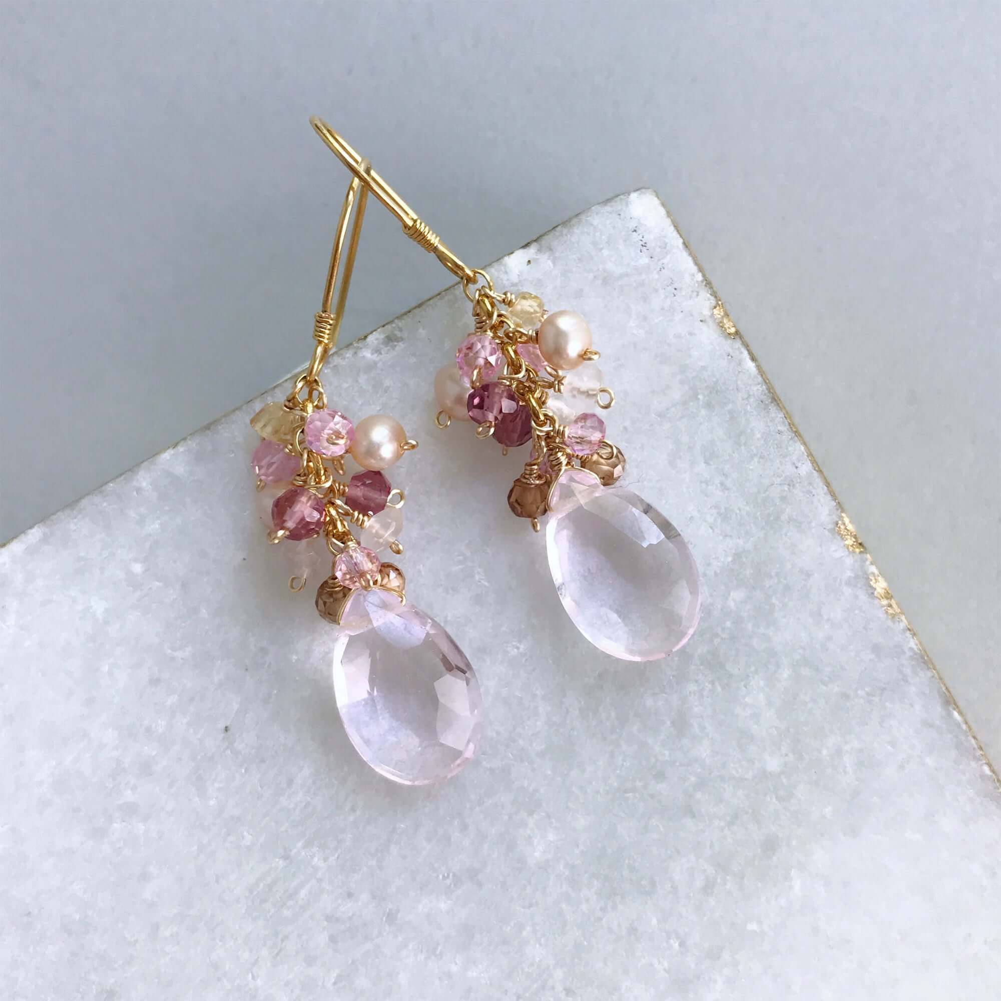 Rose Pink Clear Quartz Gemstone with mini stones  Accents   Gold Drop Earrings