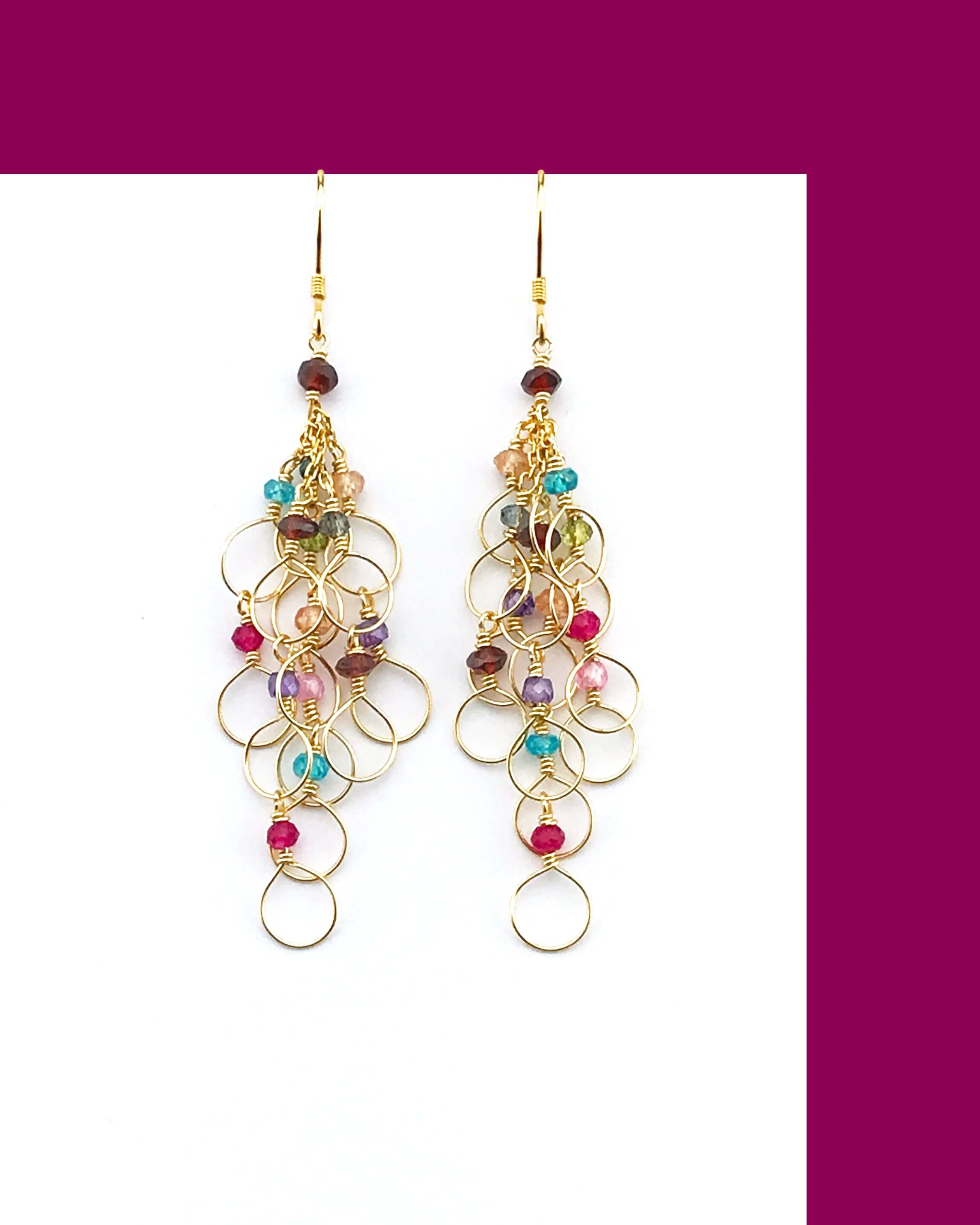 Handmade of  colorful rainbow of gemstones Gold Chain Loop Earrings