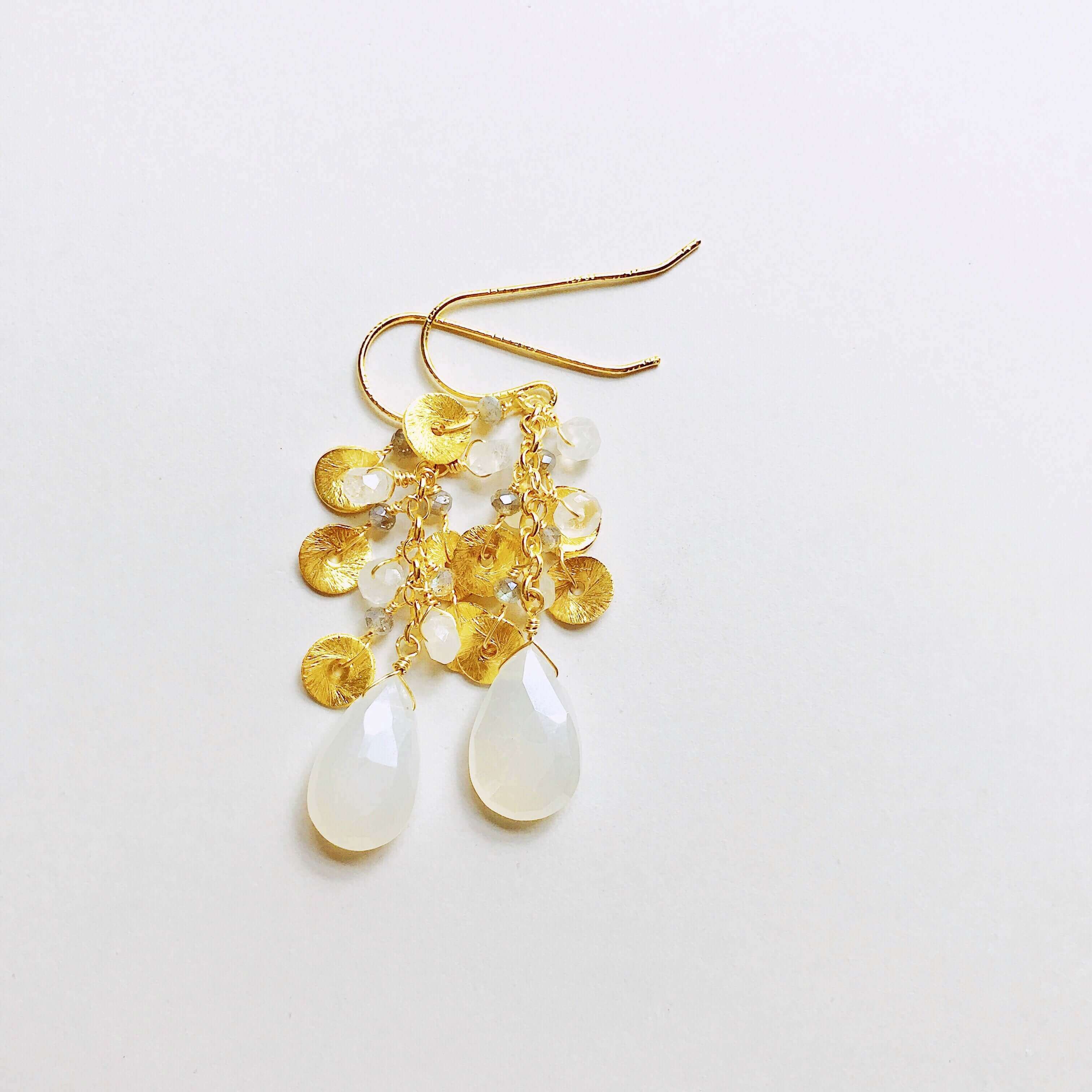 White Chalcedony Gemstone with mini stones  and Gold  Accents   Gold Drop Earrings