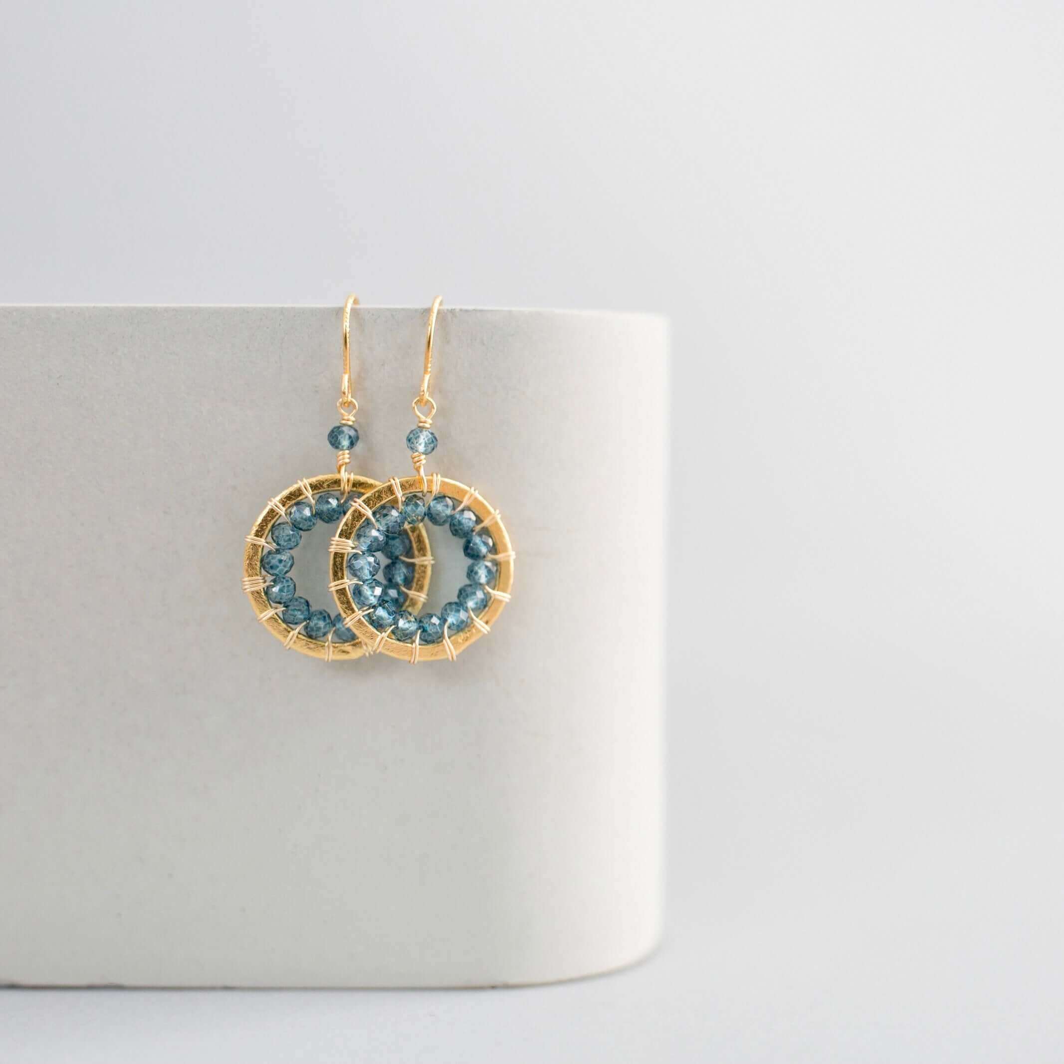 Gold Mini Mason Circle Earrings with London Blue Quartz