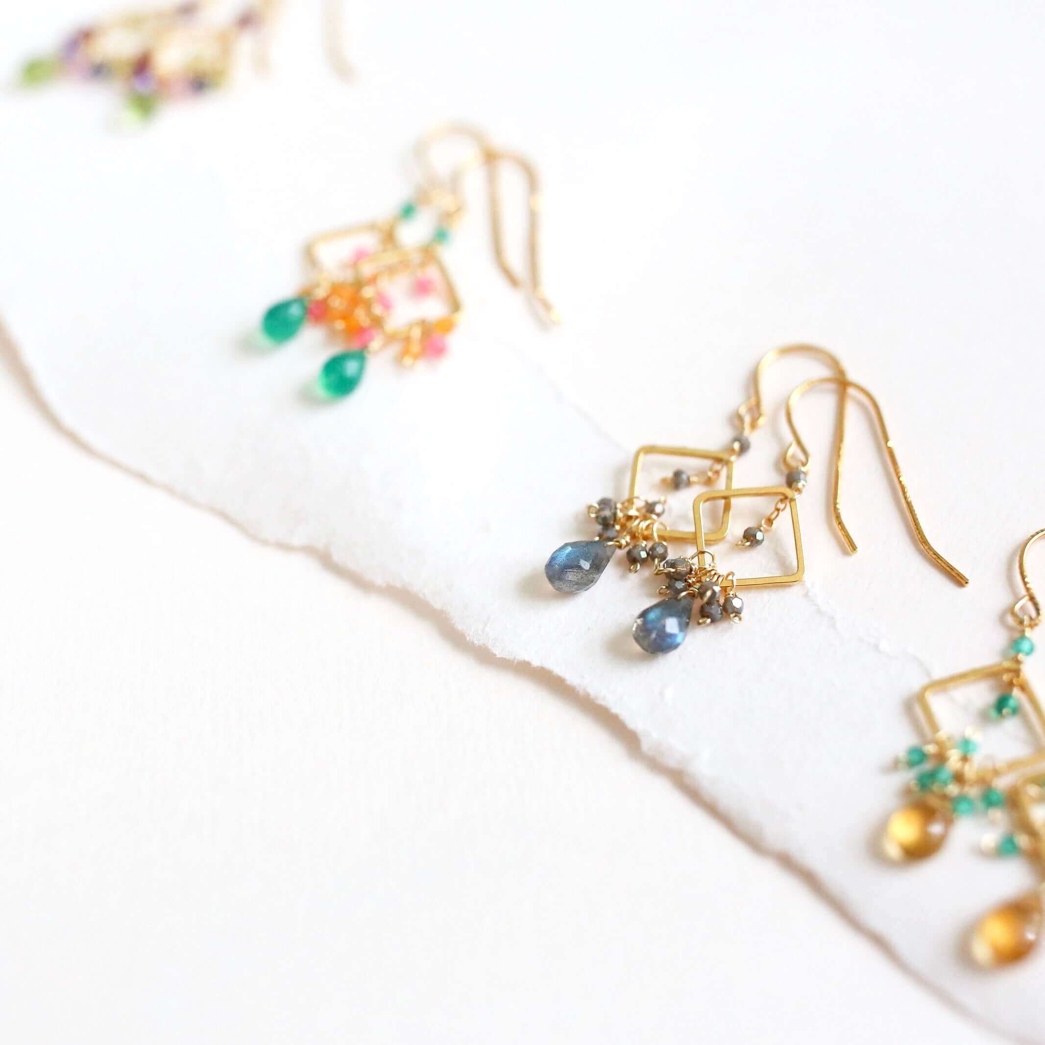 Colorful gemstones French Hook Gold Earrings 