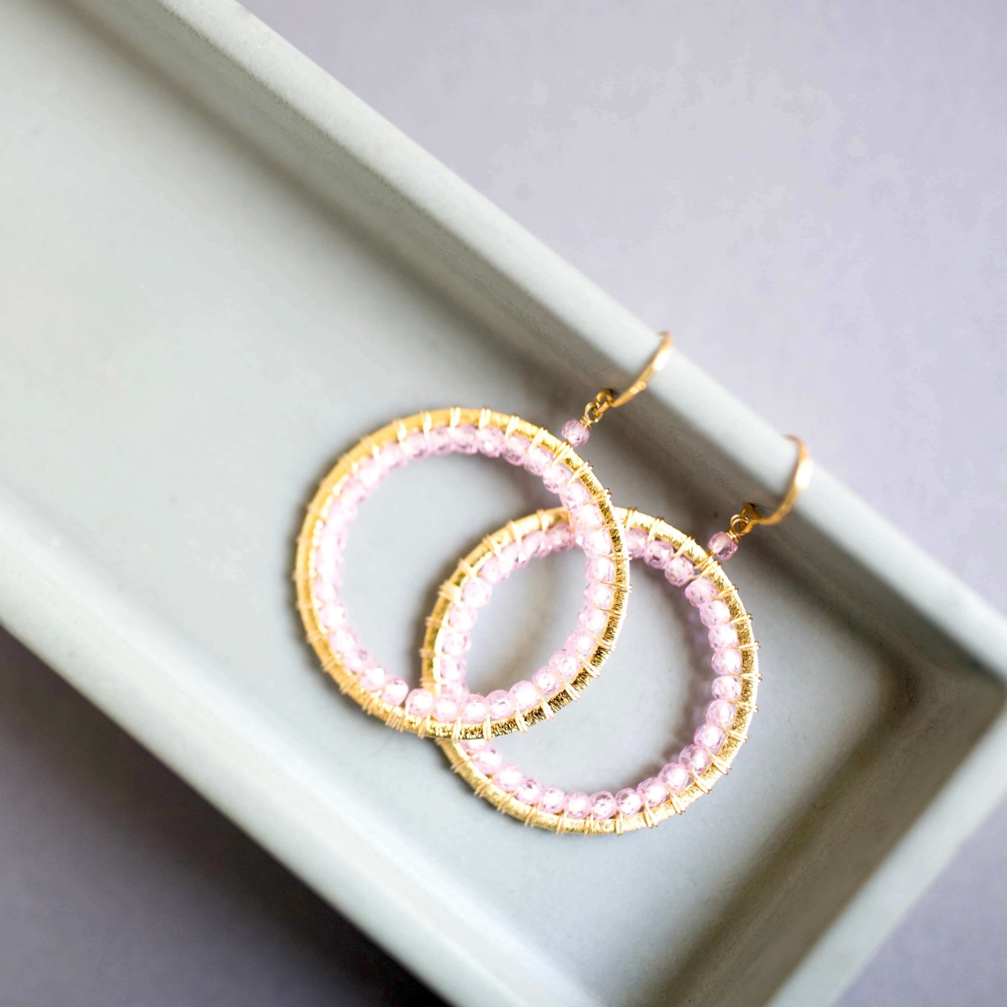 Elegant Modern Circle Rose Quartz Earrings 