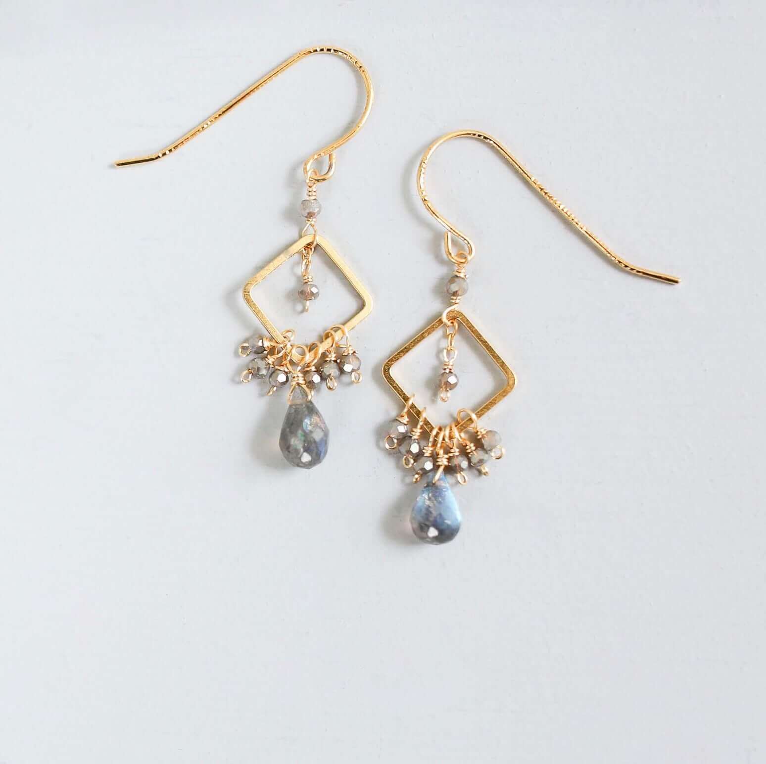 Labradorite gemstones French Hook Gold Earrings 