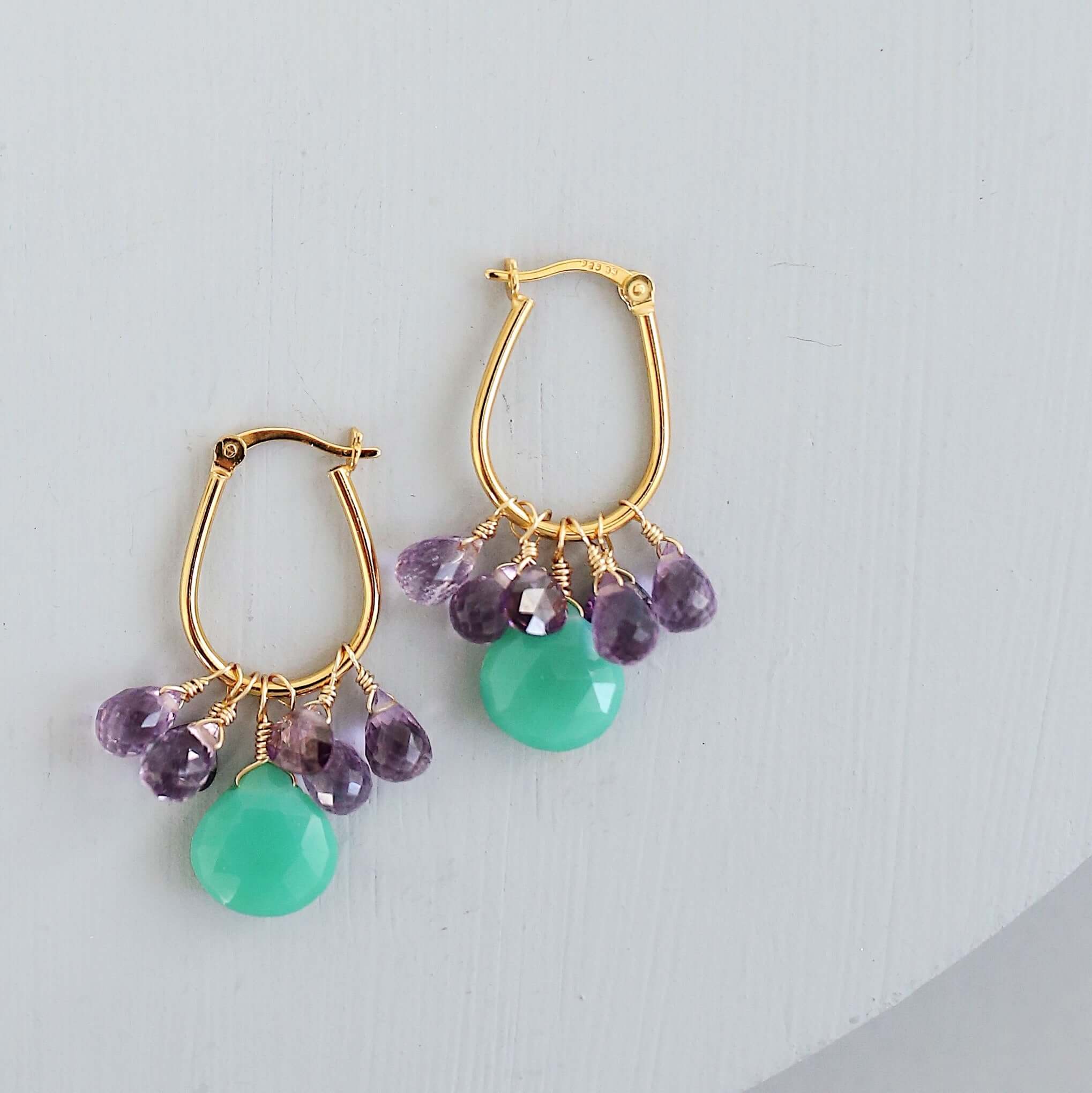 Chrysoprase and Amethyst Earrings - Vibrant Sea Green and Sparkling Purple Hues