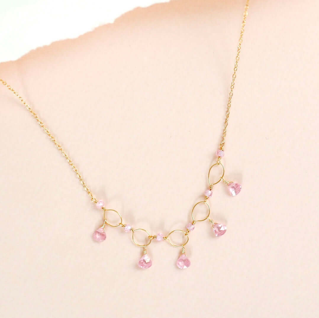 Pink Quartz Gemstone Necklace with A Gold Chain