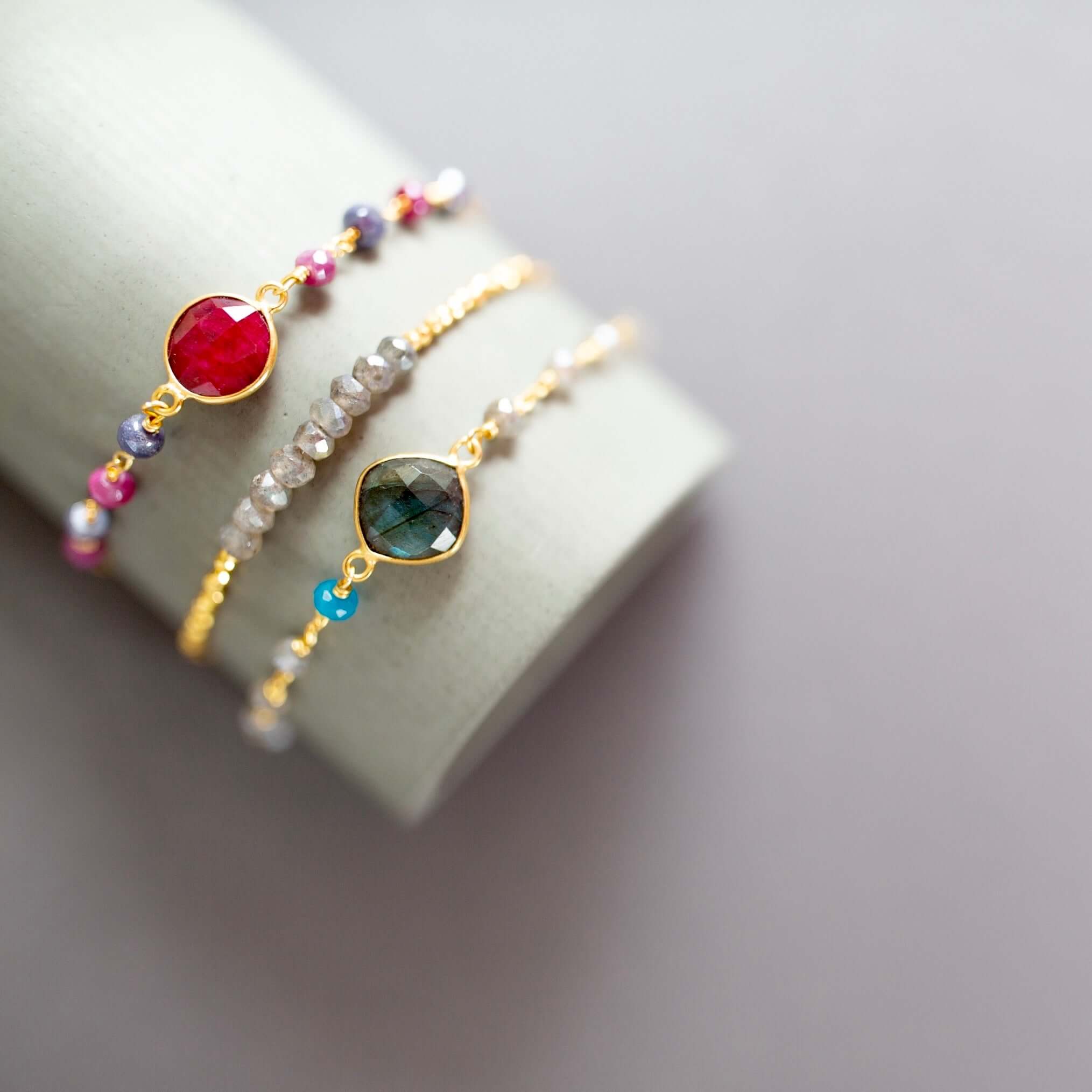 Labradorite and Deep Red Sapphire Quartz Stacking Bracelet Set - Mystical Elegance