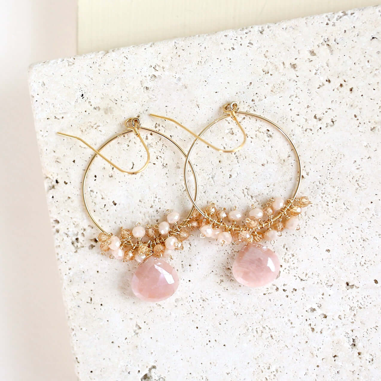 Hoop earrings with Unique Peach Moonstone  gemstones