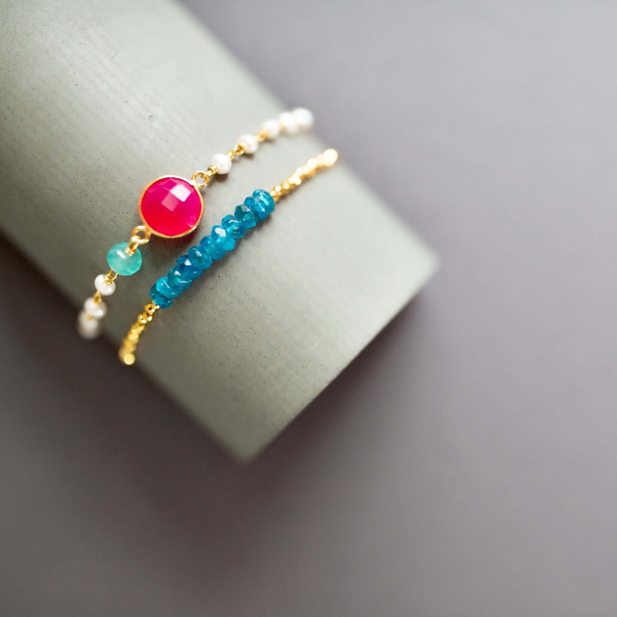 Adjustable Stacking Bracelet Set - Sparkling Gemstones in Hot Pink Chalcedony and Neon Blue