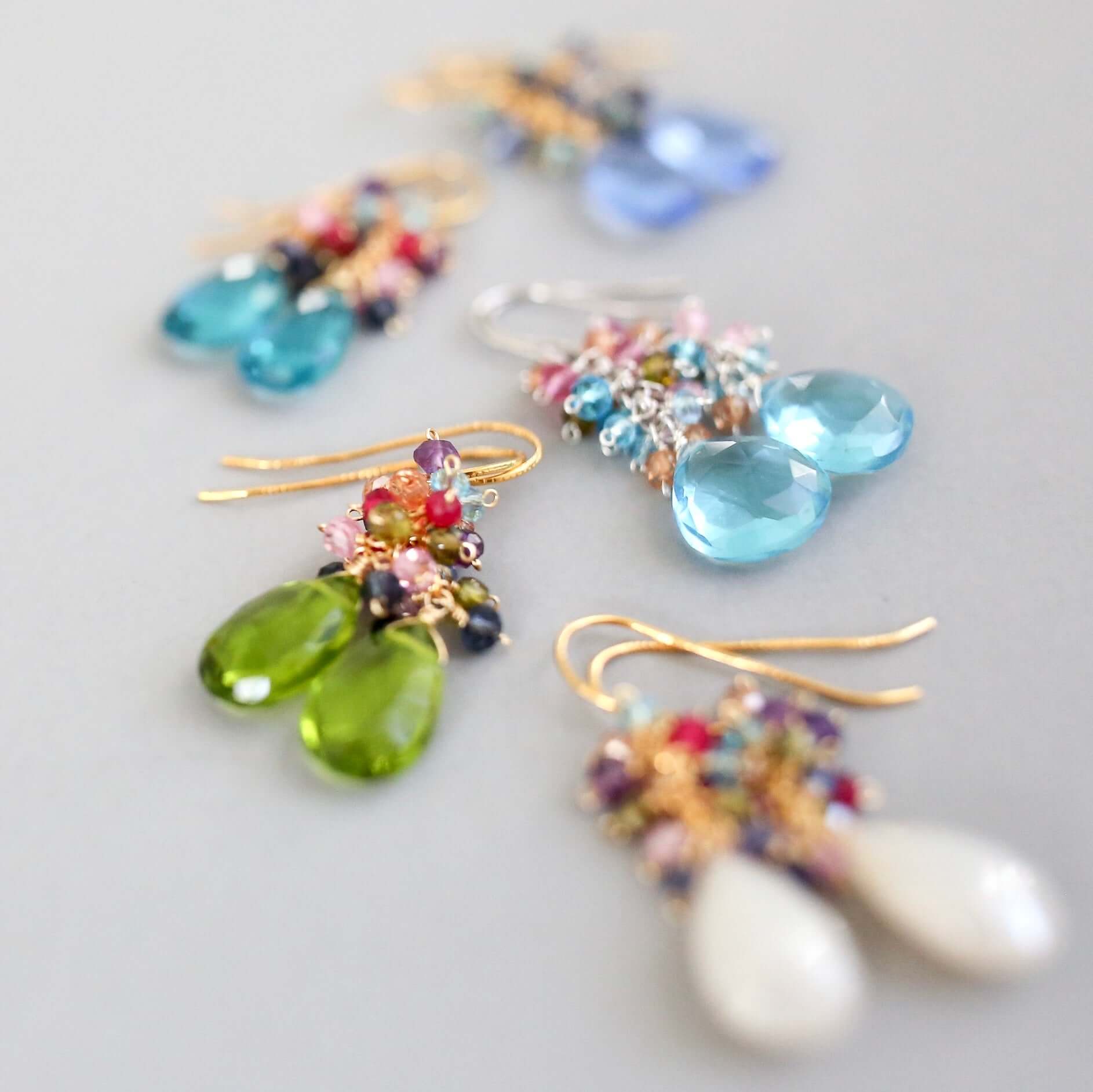 Colorful  Gemstone with mini stones  Accents   Gold Drop Earrings