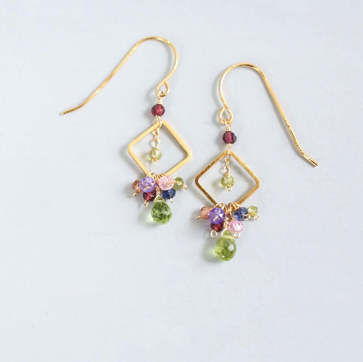 Peridot briolette gemstones with Rainbow Accent gemstones French Hook Gold Earrings