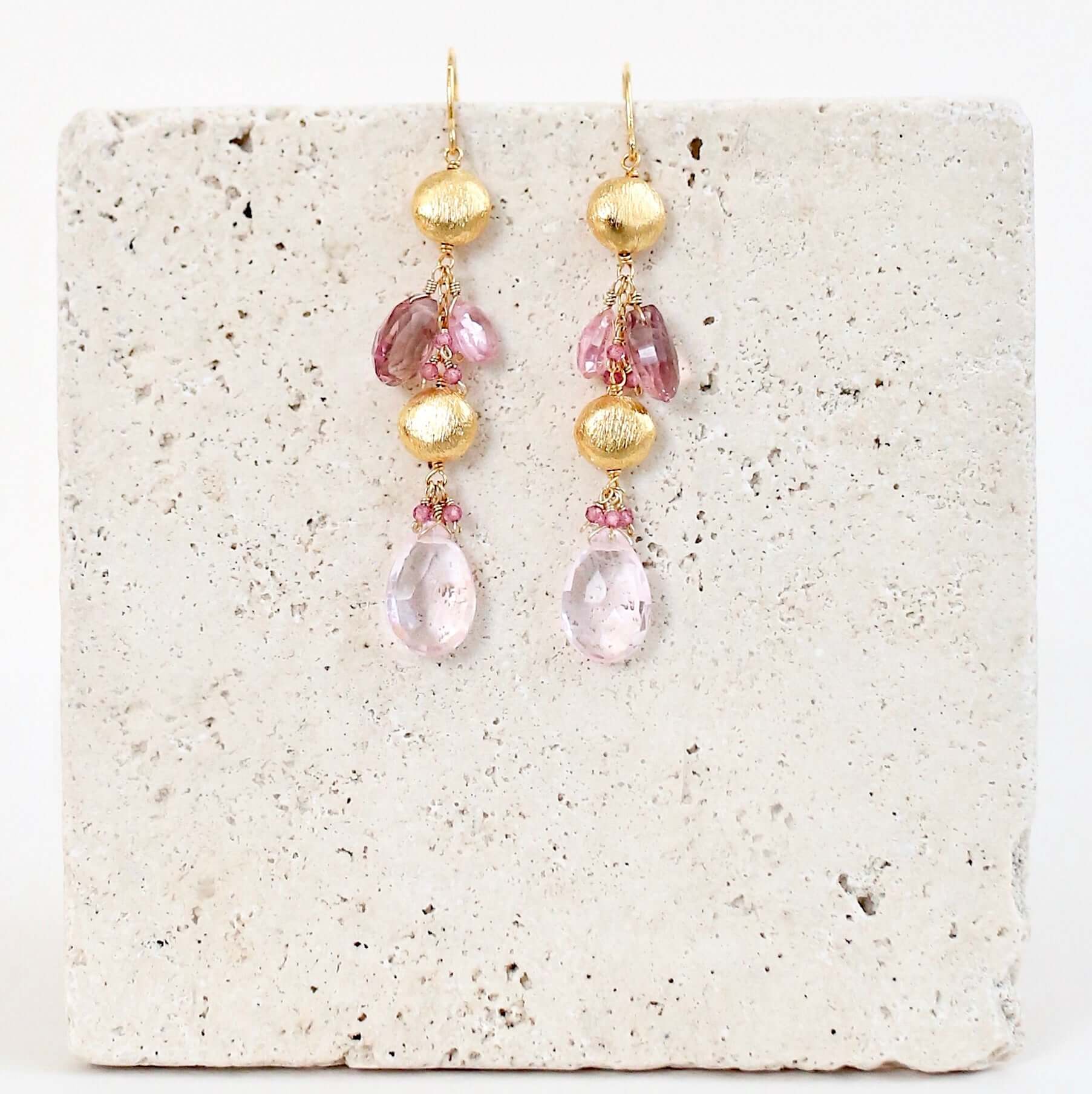 Pink Clear Quartz Gemstone Drop Earrings in Gold Plated Silver
