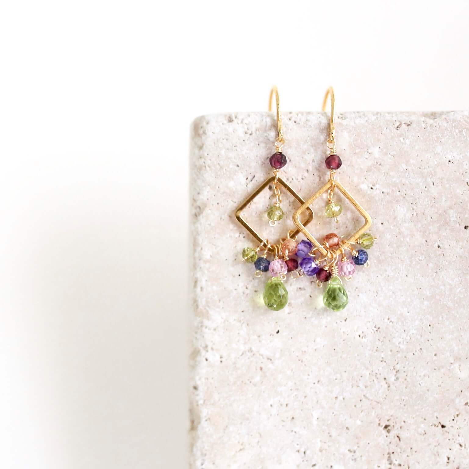 Peridot briolette gemstones with Rainbow  Accent gemstones   French Hook Gold Earrings 