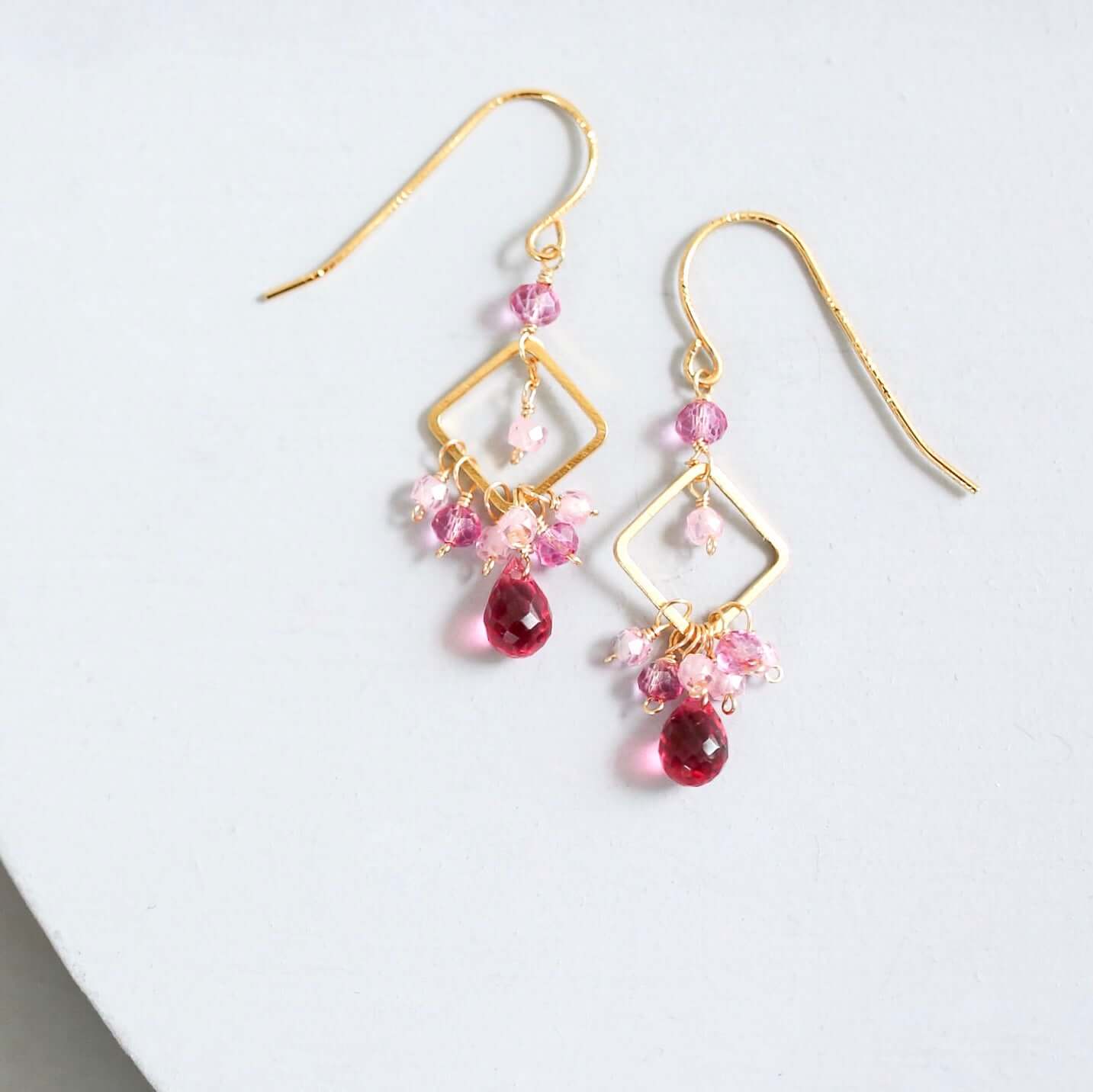 Dark Pink Tourmaline briolettes with rose quartz and pink tourmaline gemstones Accent French Hook Gold Earrings 