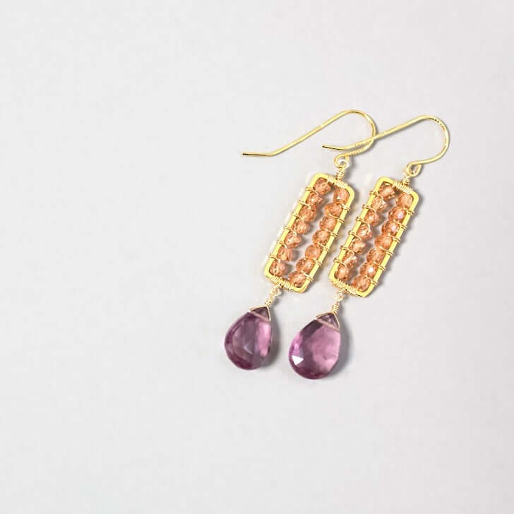 Gold parallel  earrings with Pink garnet Dangle  and with champagne quartz accents
