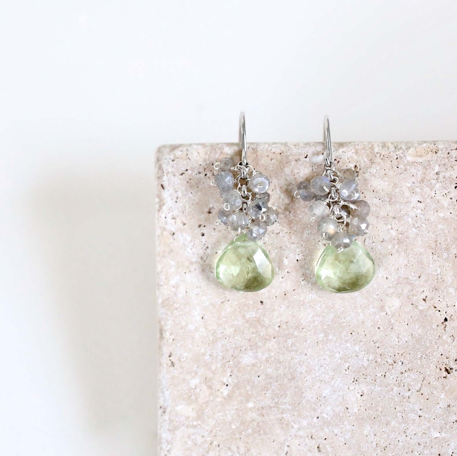 Rhodium-Plated Earrings Showcase Green Amethyst and Labradorite Gems