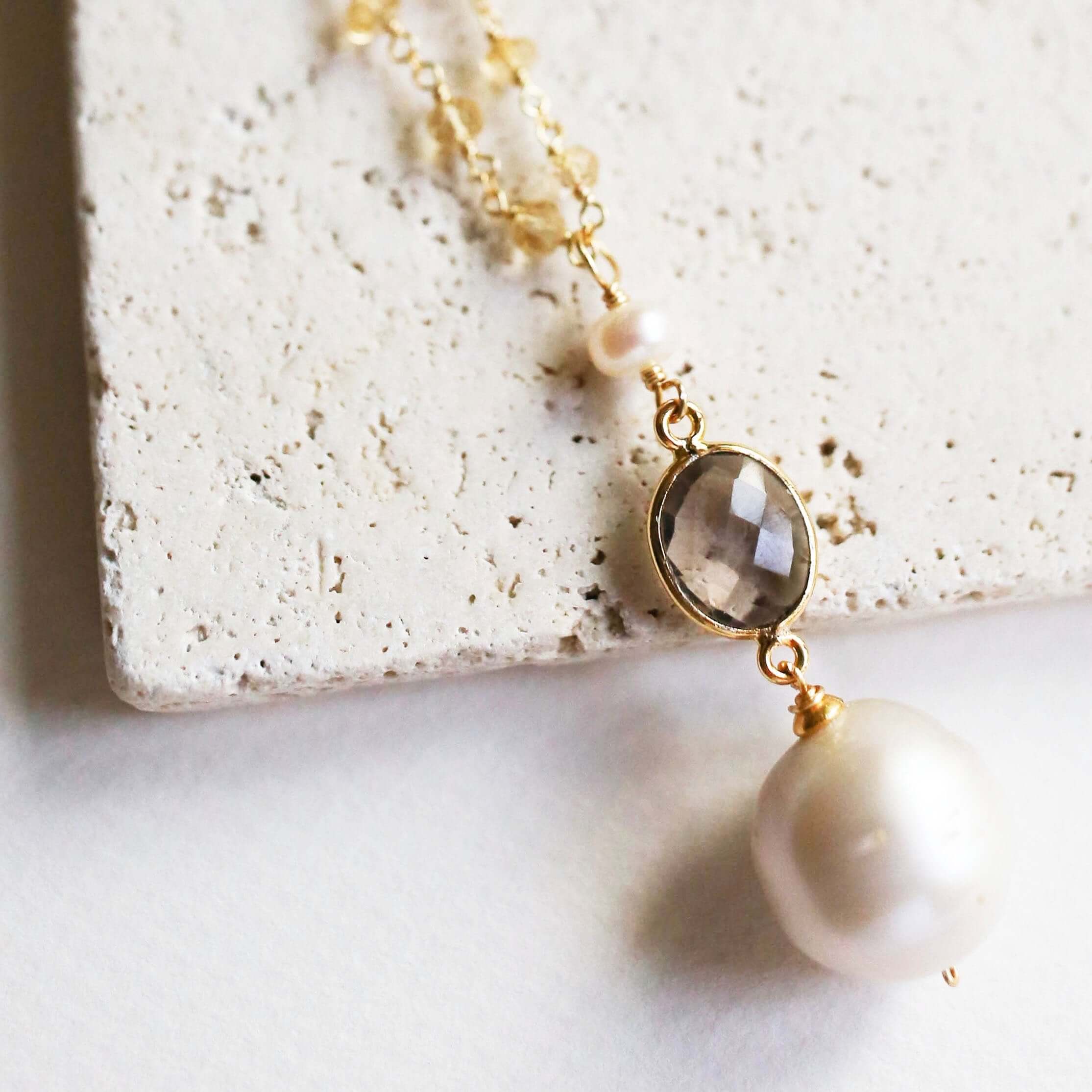 Convertible Gemstone Necklace with baroque pearl and Smoky Quartz Bezel