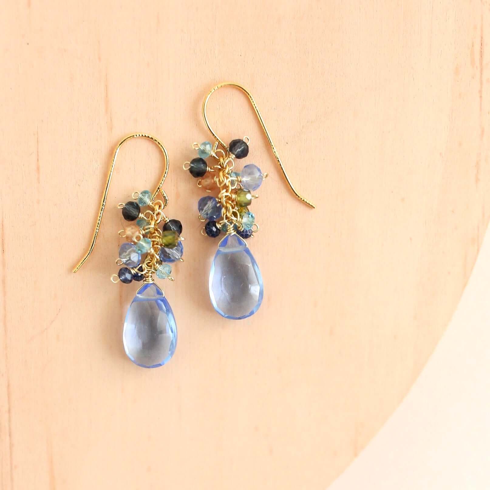 Sky Blue Quartz  Gemstone with mini stones  Accents   Gold Drop Earrings
