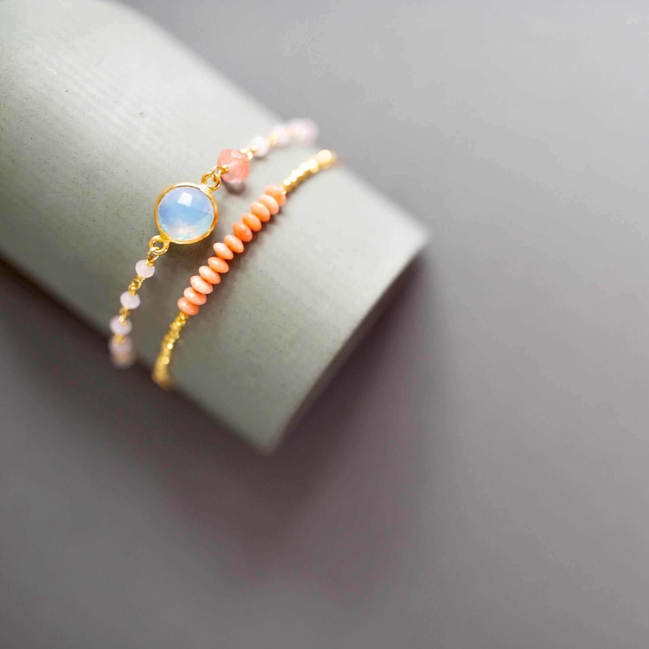 Opal Quartz and Pink Coral Stacking Bracelet Set - Light and Pretty Elegance