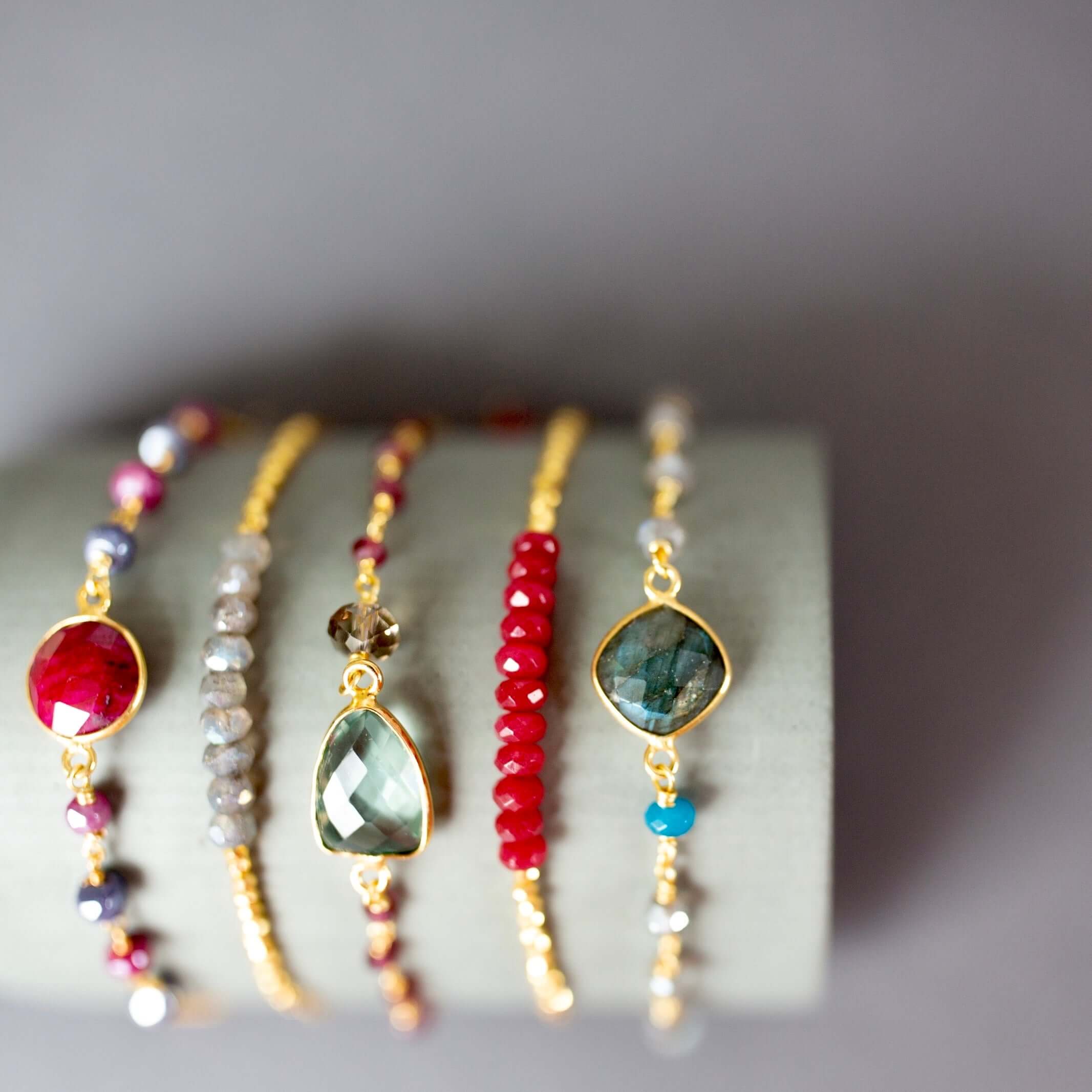 Colorful Gold plated Adjustable Bracelets with Green Amethyst Bezel and Tiny Gemstone Accents.