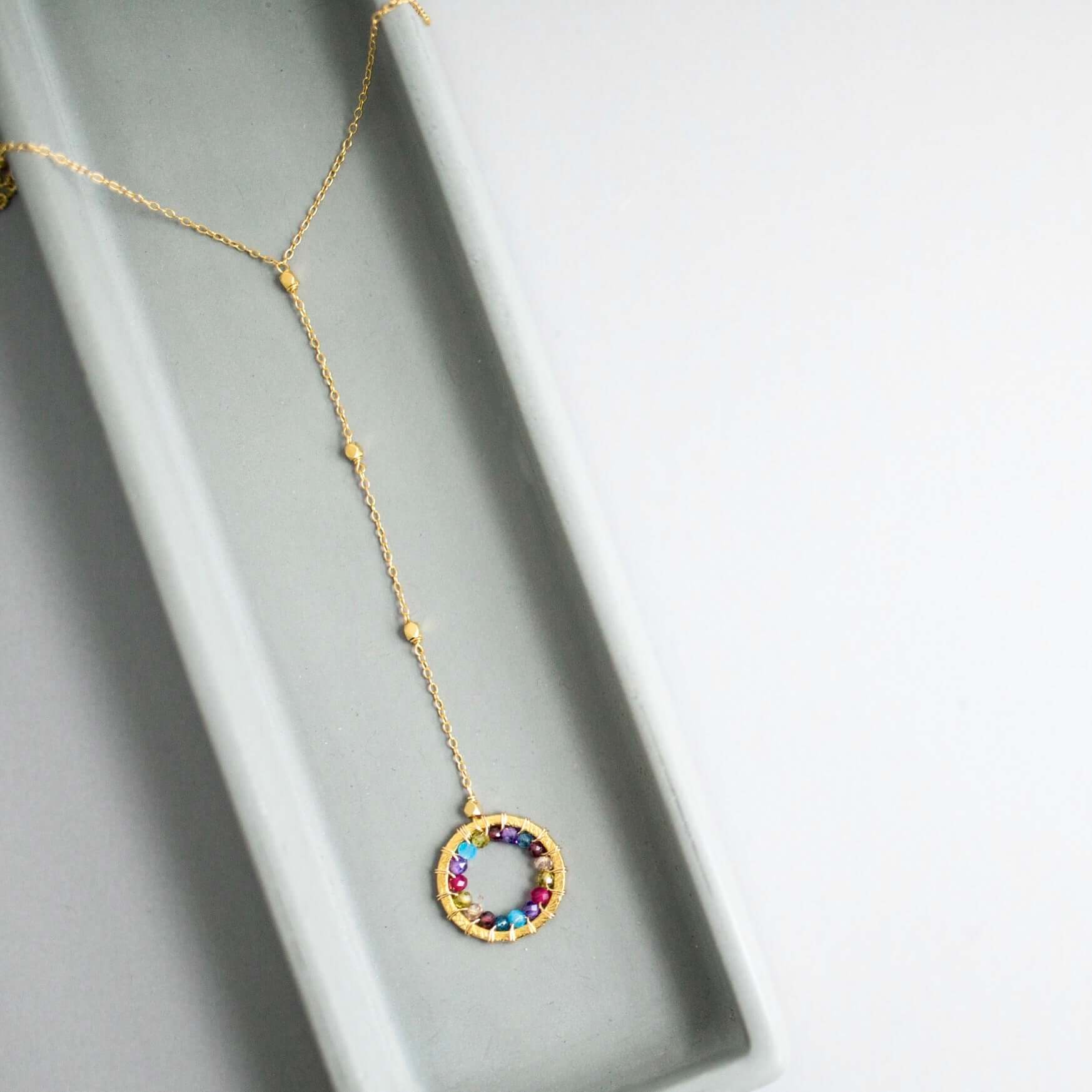 Elegant Modern Circle Rainbow Gemstones Gold Necklace