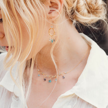 Boho Mini Dream Catcher Jewelry Set with Authentic Aquamarine and Lolite Gemstones