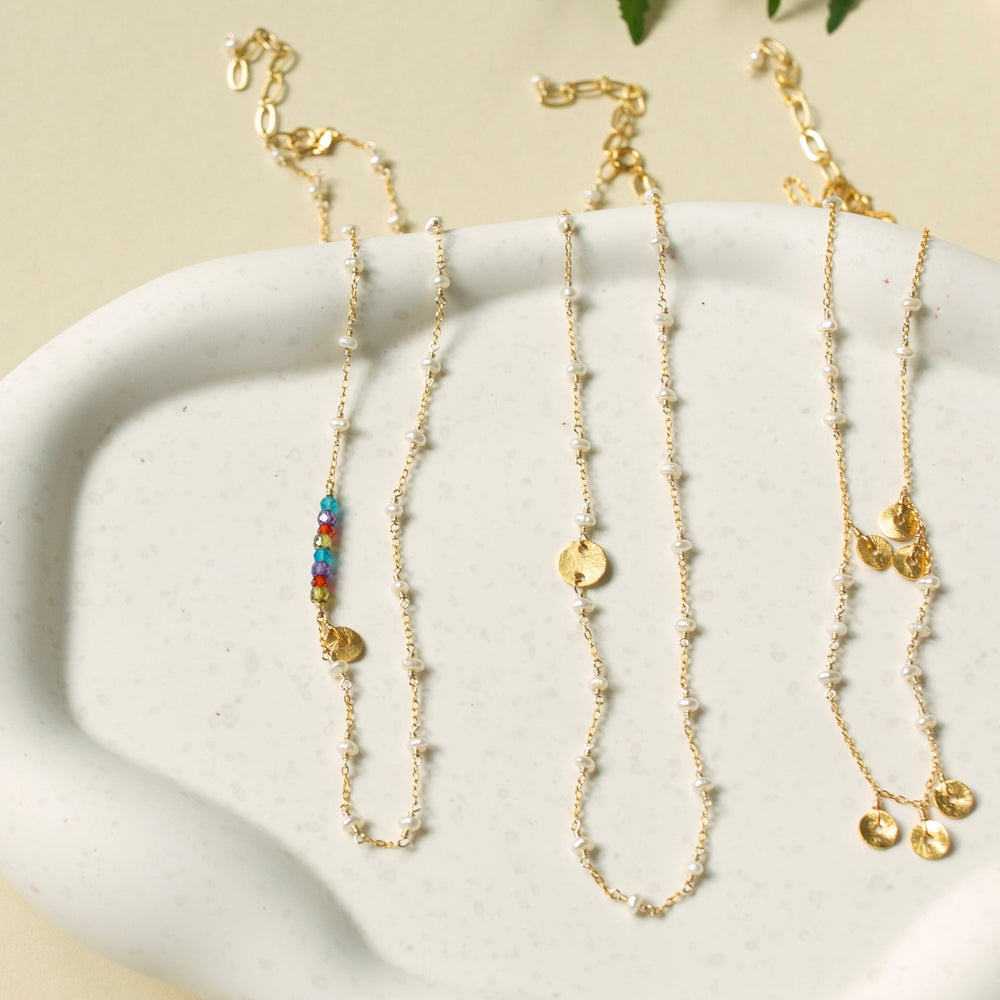 Gold Daquiri Chain featuring Pearl and multi-colored stones Necklace 