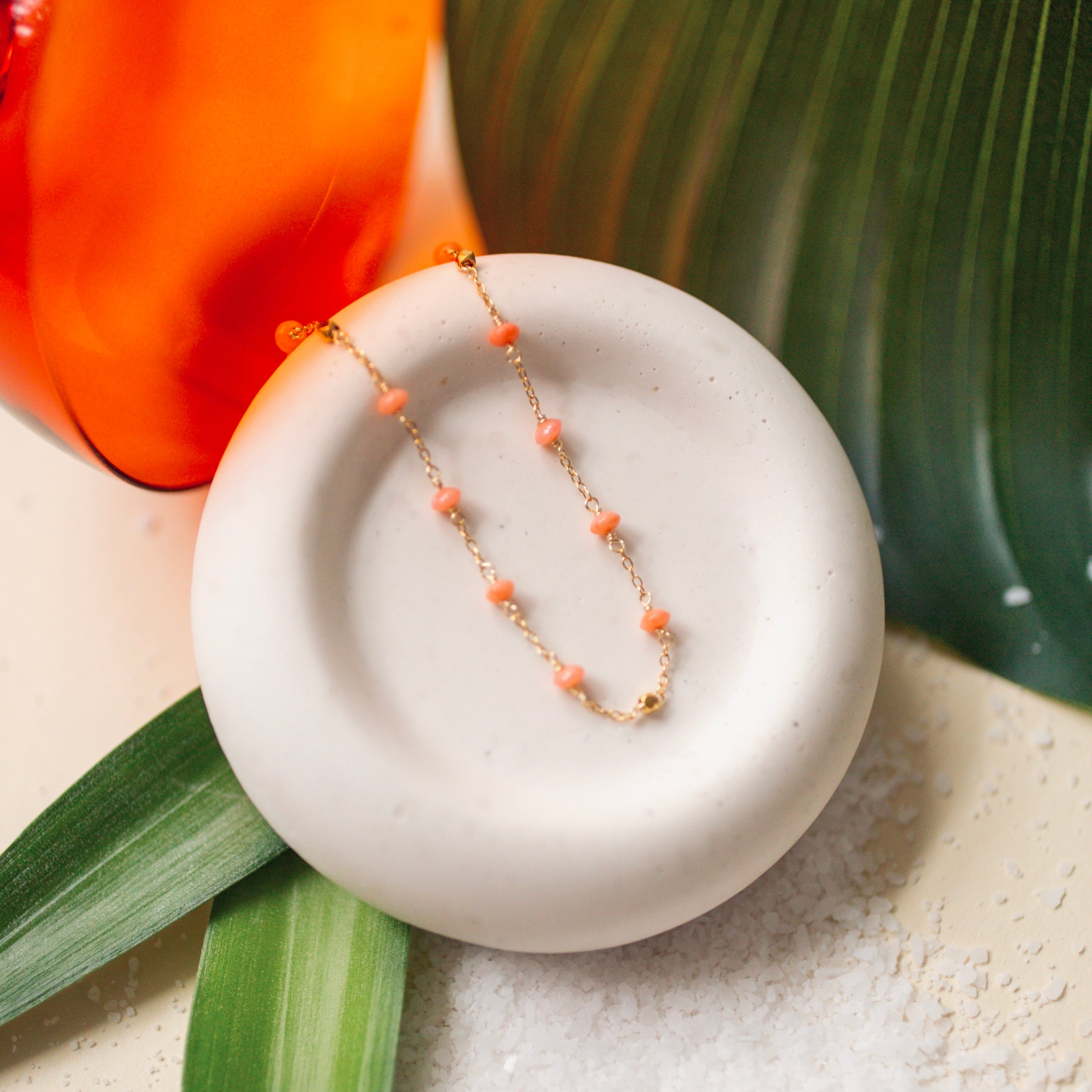 Coral Gemstones Beaded on an Adjustable Gold Chain