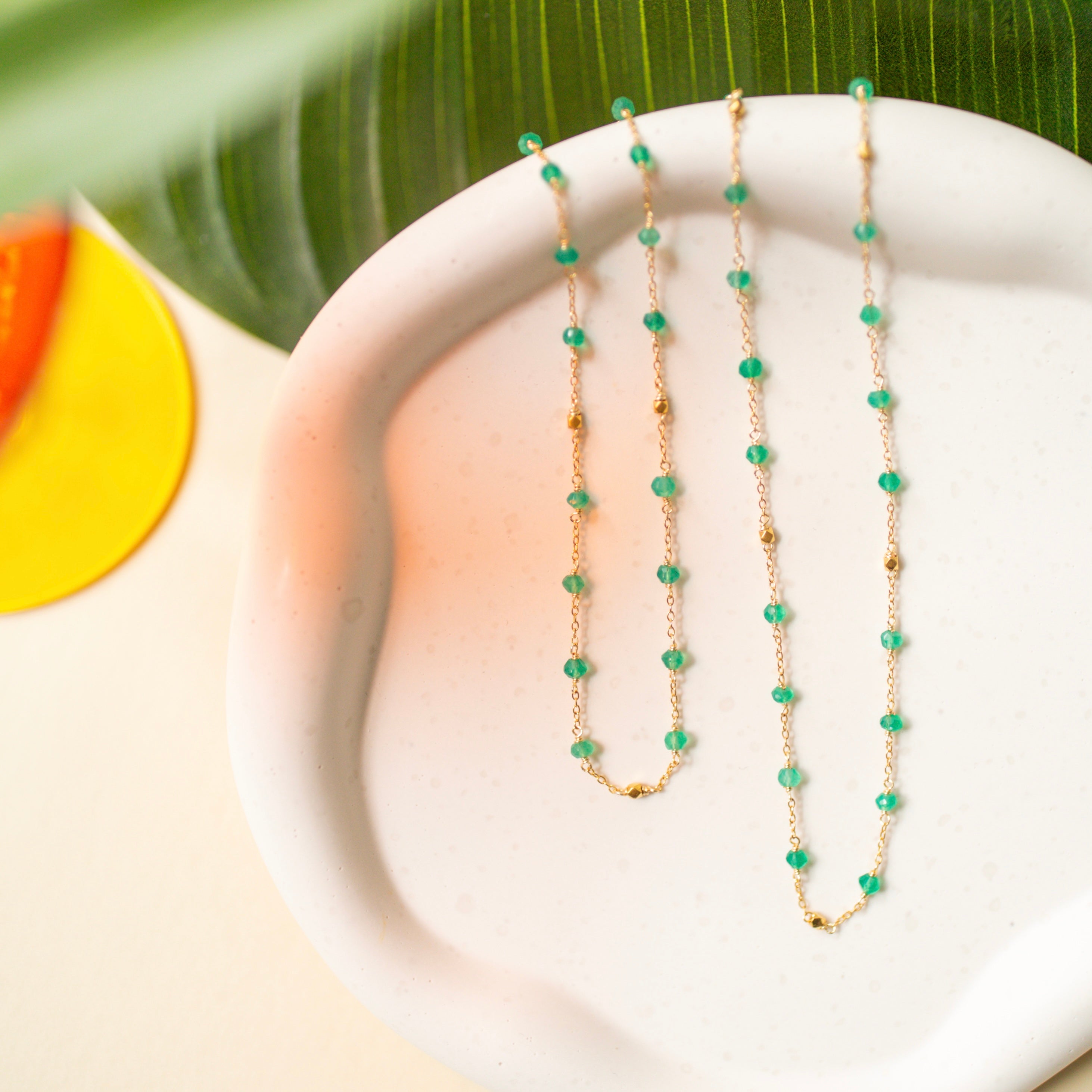 Green Onyx Gemstones Beaded on an Adjustable Gold Chain