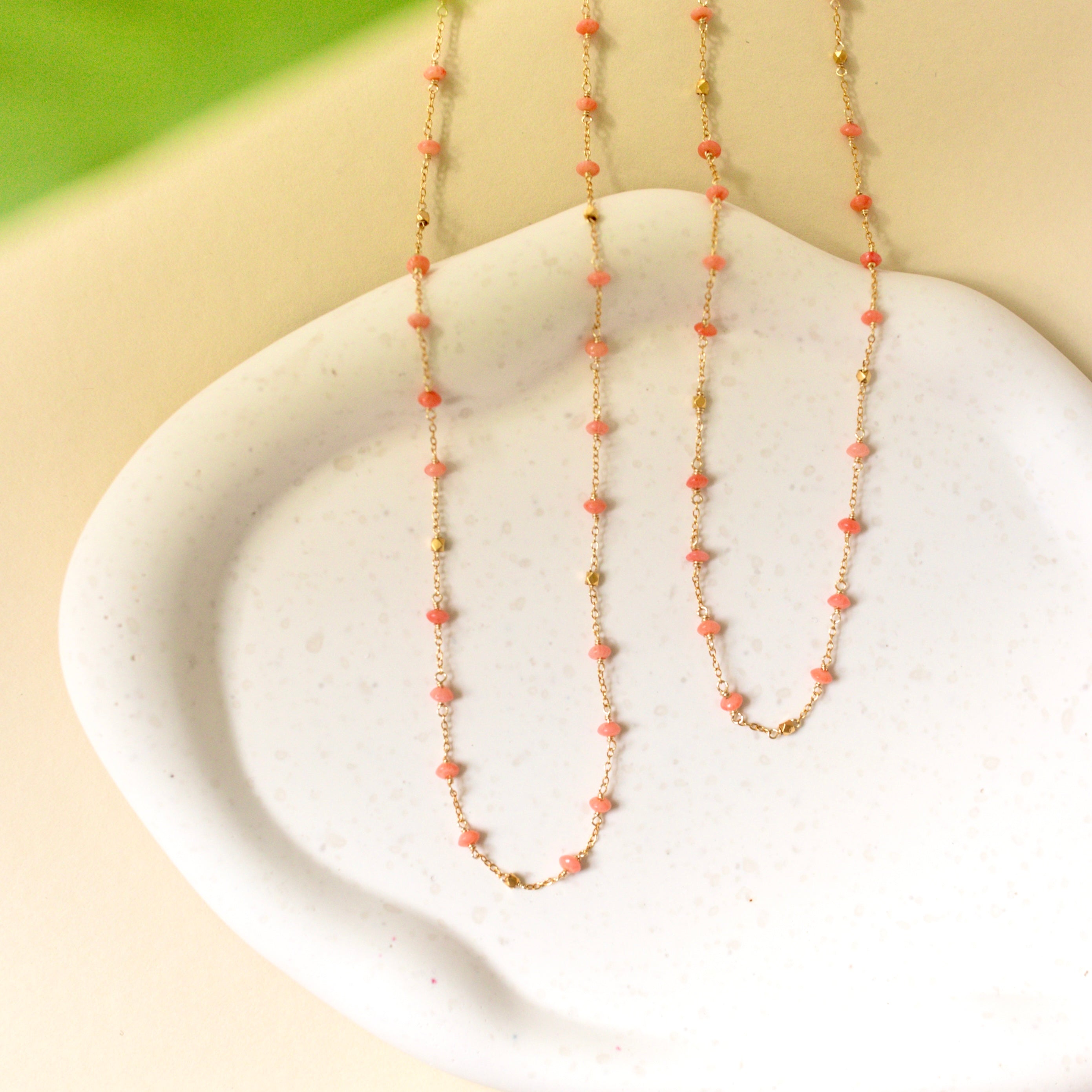 Coral Gemstones Beaded on an Adjustable Gold Chain