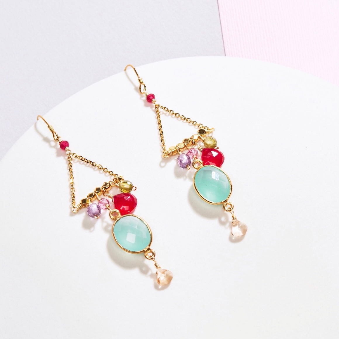Bezel set blue chalcedony gemstones surrounded by faceted ruby quartz, peridot, amethyst and citrine accent stones Gold  Earrings 