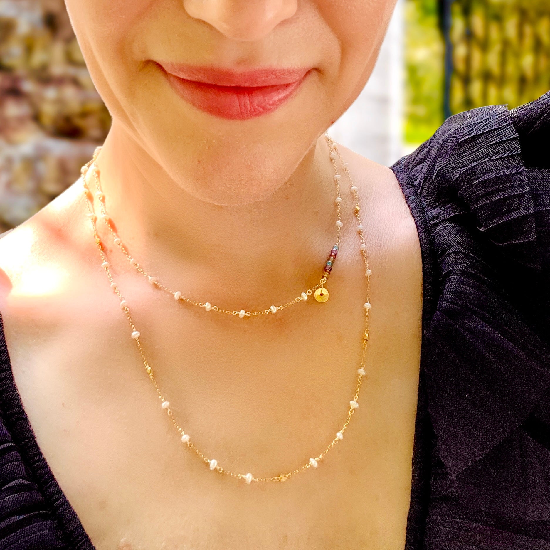 Gold Daquiri Chain featuring Pearl and multi-colored stones Necklace 