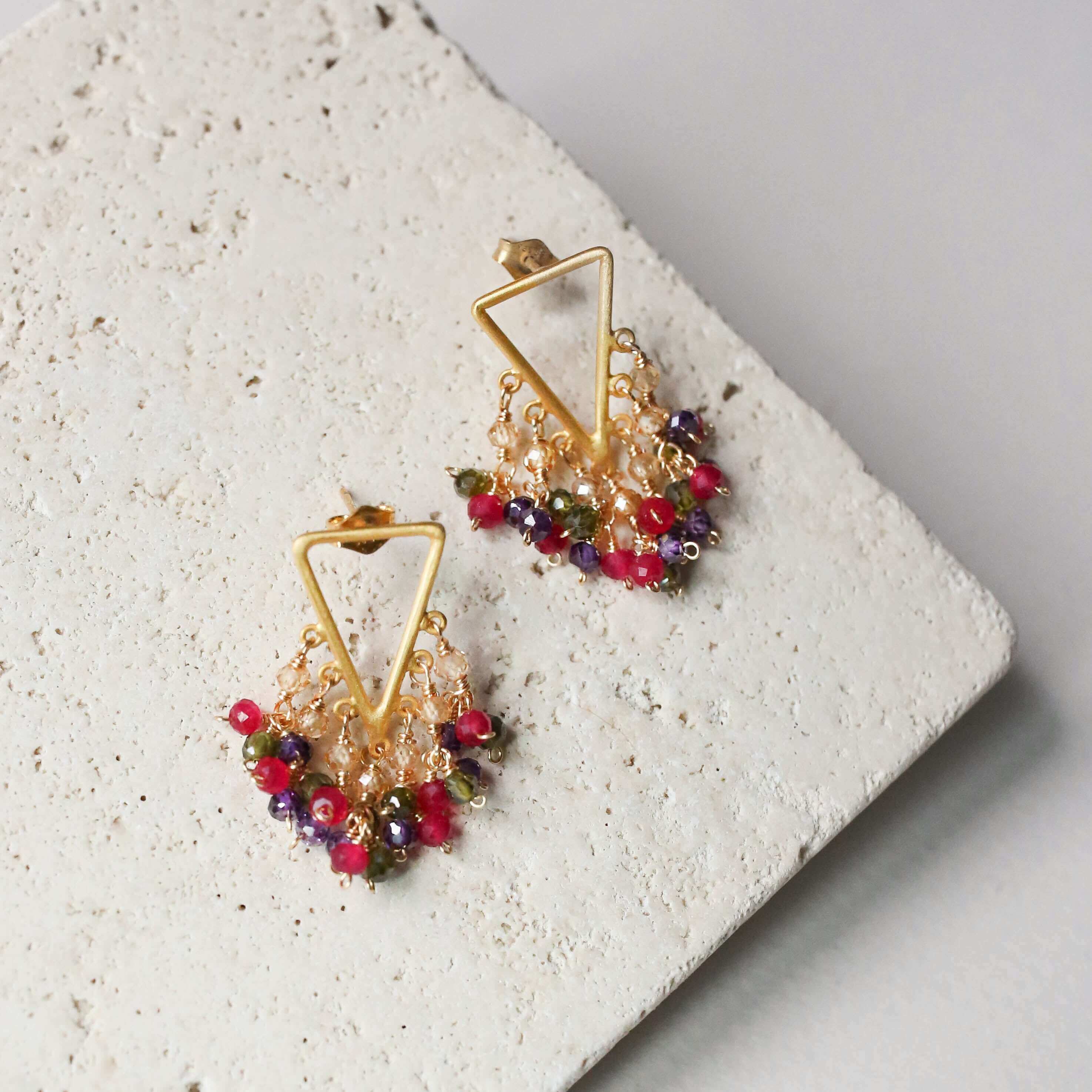 Statement Fringe Earrings with Rainbow Gemstone