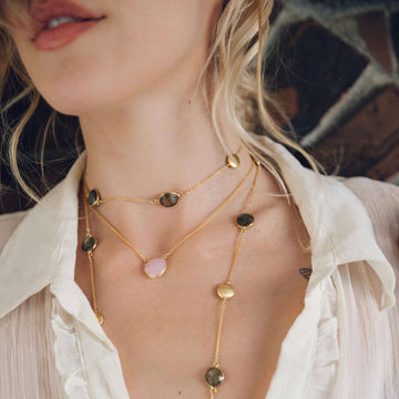 Gold Pink Rose Quartz heart bezel Necklace