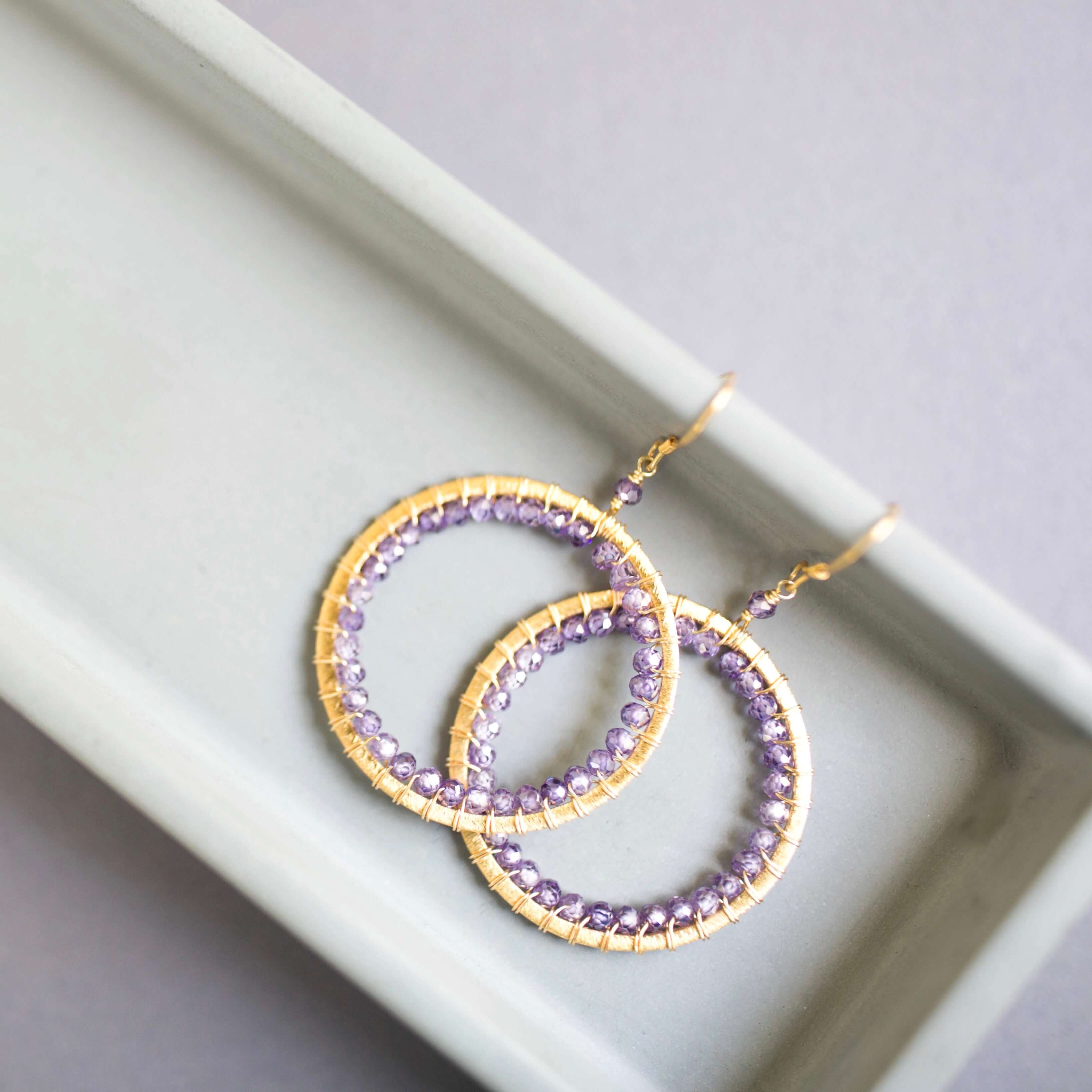 Purple Amethyst Gold Circle Earrings