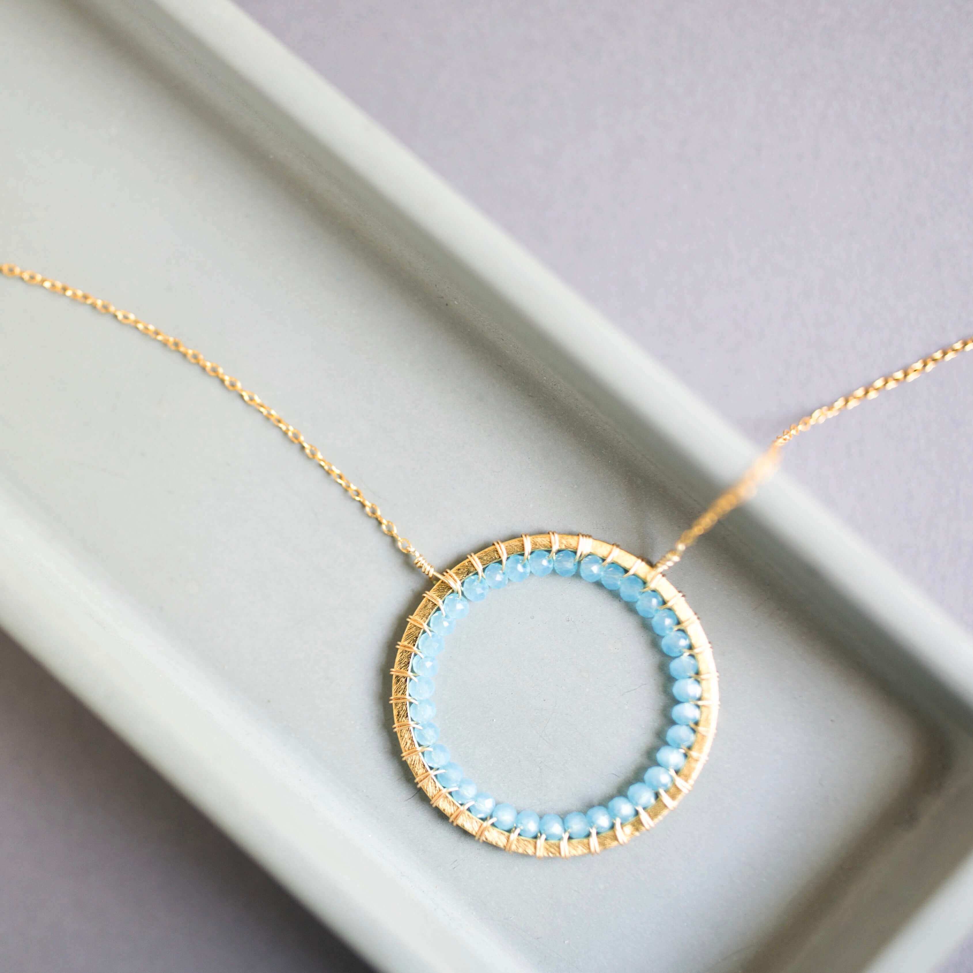 Blue Chalcedony Gold Circle Pendant Necklace