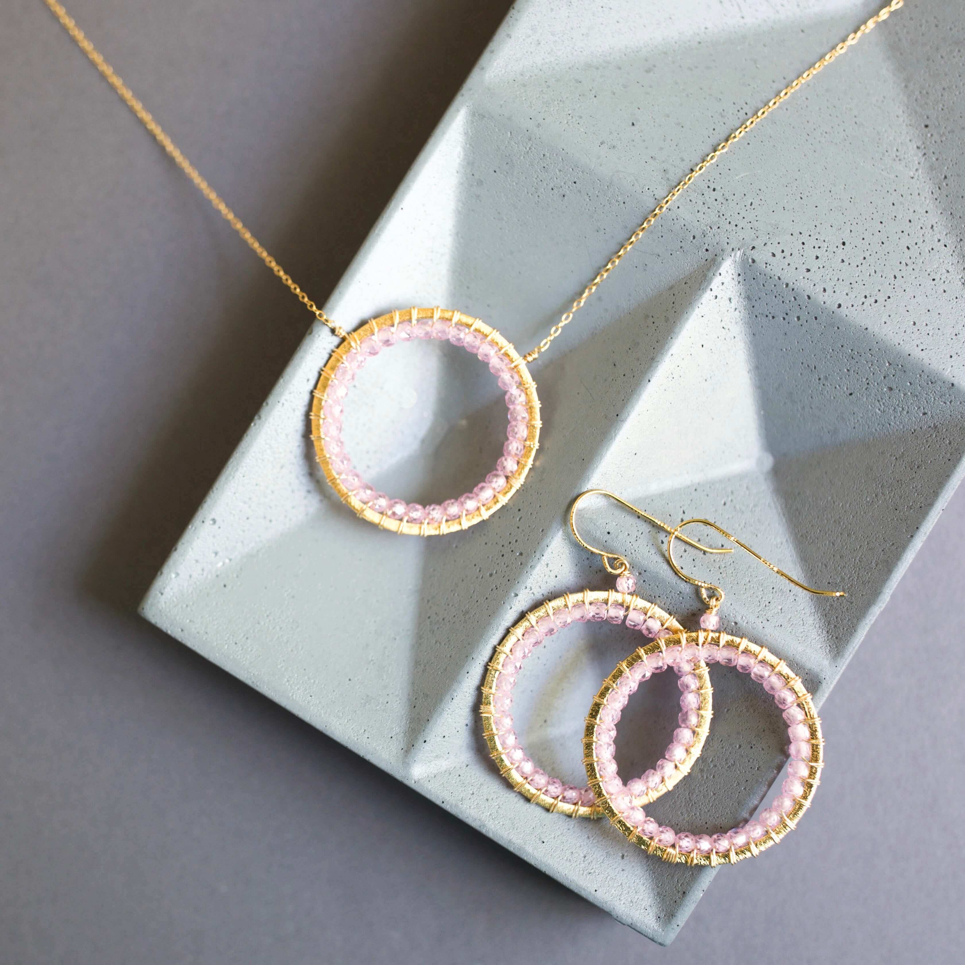 Elegant Modern Circle Rose Quartz Gold Jewelry Set