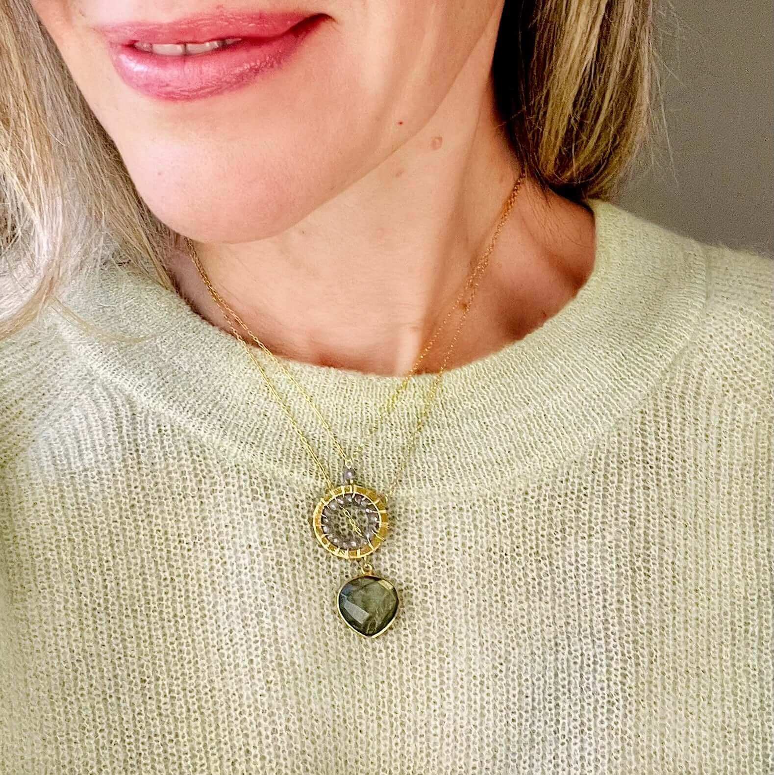 Mini Gold Circle Necklace with Unique Labradorite Gemstones Detail.