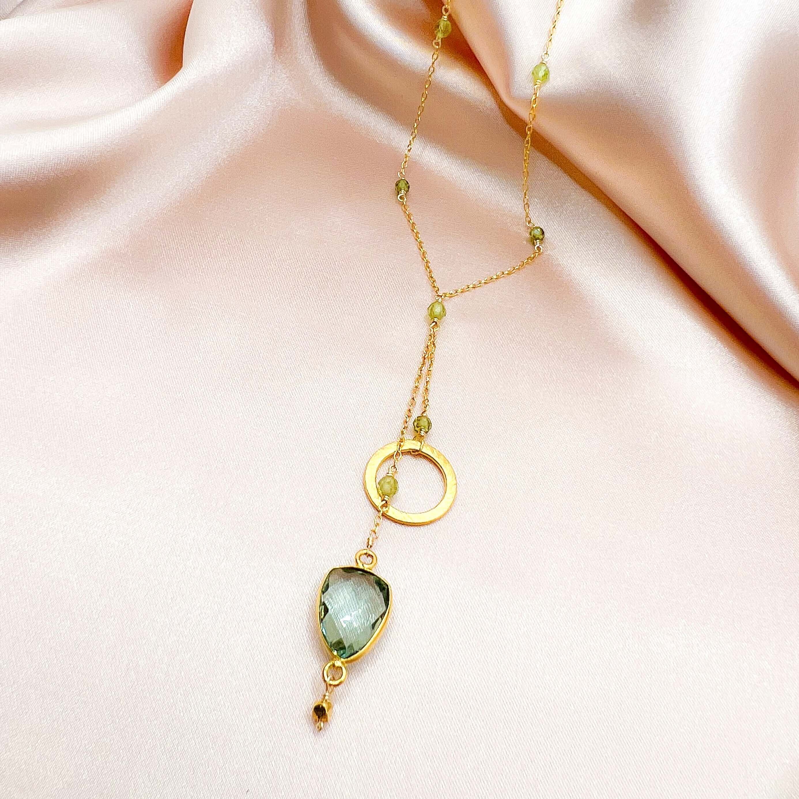 Graceful Green Amethyst Circle Necklace – 14k Gold Plated.
